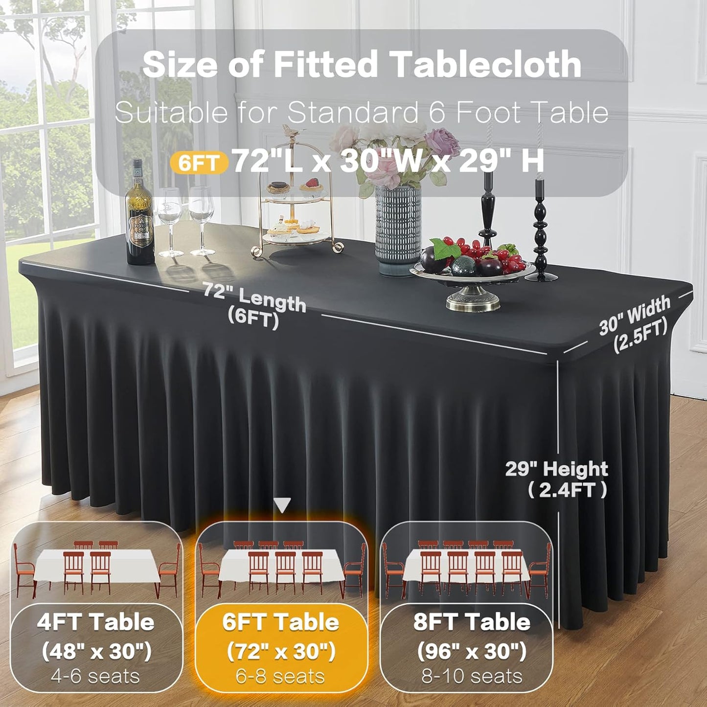 2 Pack Black Spandex Table Covers for 6 Foot Rectangle Tables, Wrinkle Free Fitted Tablecloths 6ft Stretch Table Clothes with Skirt for Parties Weddings Birthday Banquet Baby Shower