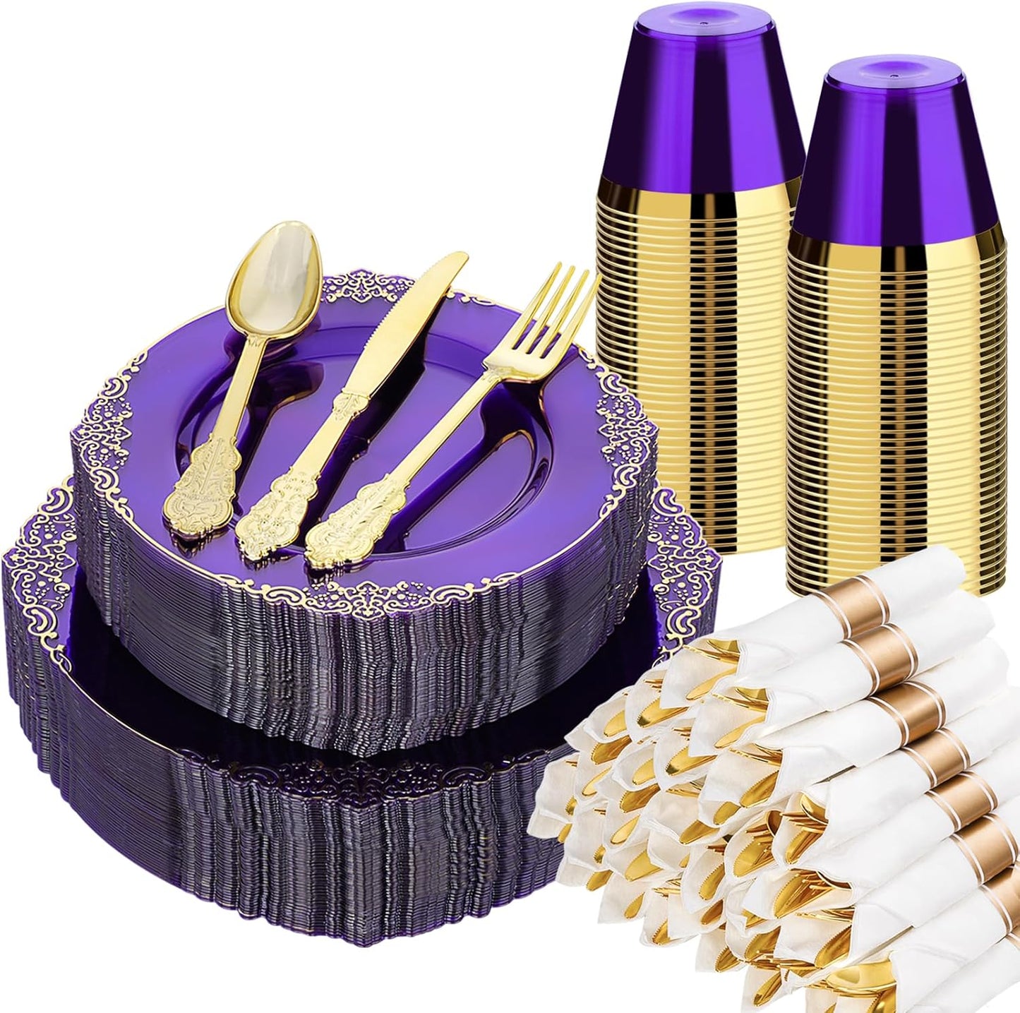 350 PCS Purple and Gold Plastic Plates, Disposable Dinnerware Set for 50 Guests, 100 Disposable Plates, 150 Silverwares, 50 Cups, 50 Napkins for Party, Wedding, Graduation