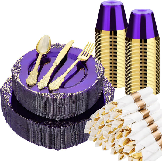 350 PCS Purple and Gold Plastic Plates, Disposable Dinnerware Set for 50 Guests, 100 Disposable Plates, 150 Silverwares, 50 Cups, 50 Napkins for Party, Wedding, Graduation