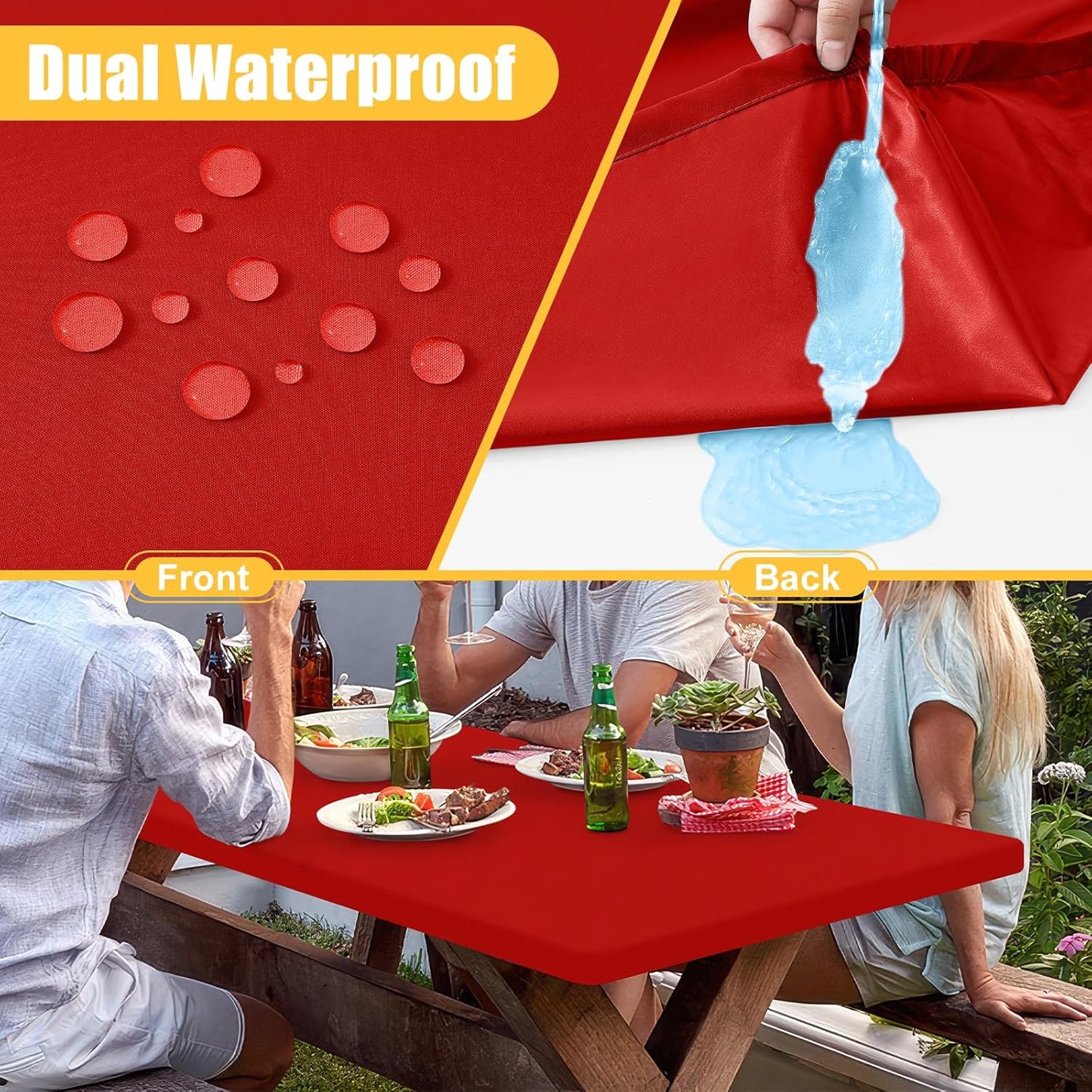 Rectangle Table Cloth, Waterproof Elastic Fitted Tablecloth for 8 Foot Folding Tables, Washable Polyester Tablecloths for Picnic, Camping, Outdoor (Red, 30"x96")