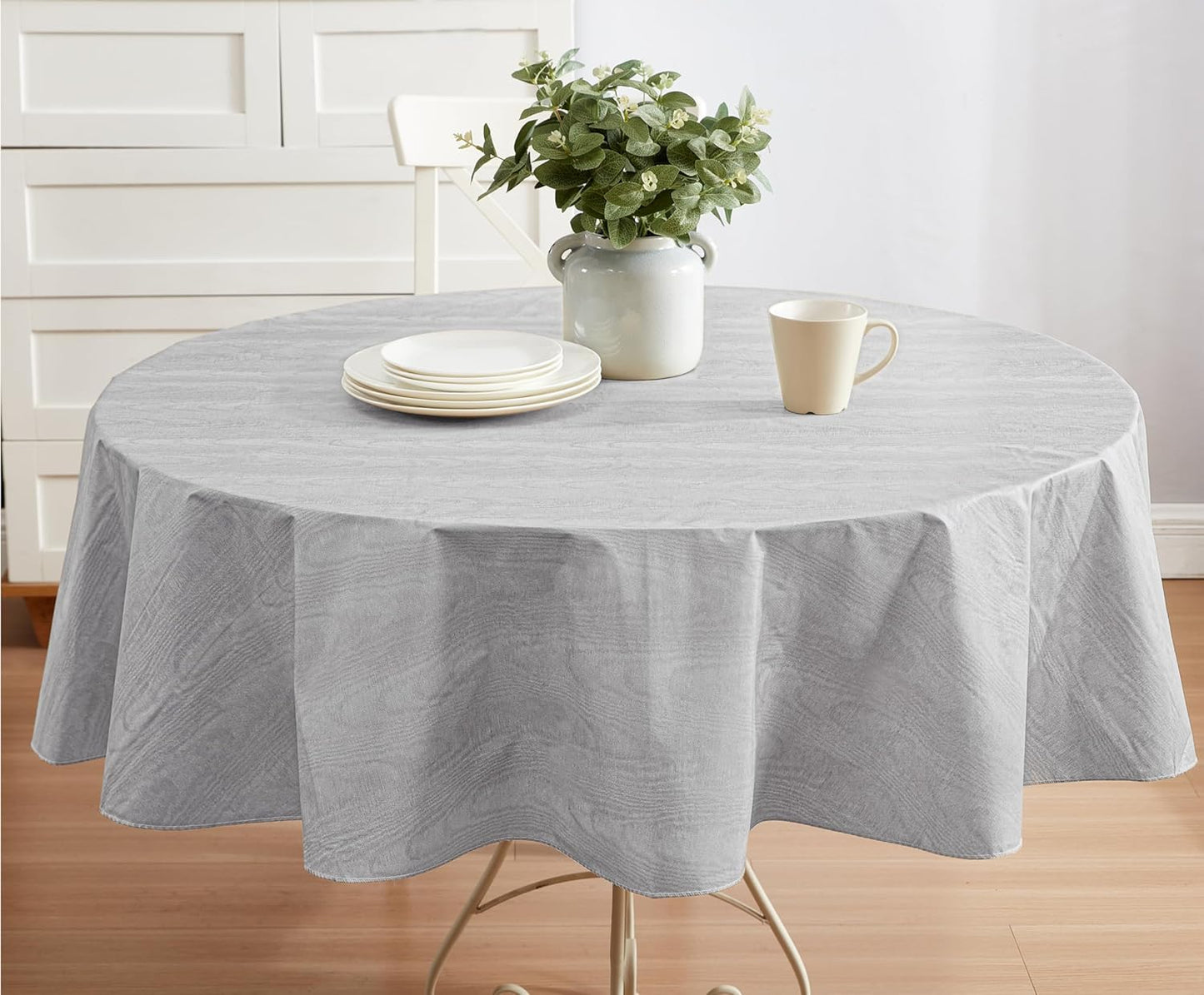 Newbridge Vinyl Flannel Backed Tablecloth, 60 x 84 Inch Oval, Grey Moire Wavy Solid Design, Heavyweight Indoor Outdoor Waterproof Table Cover, Easy Care Wipe Clean