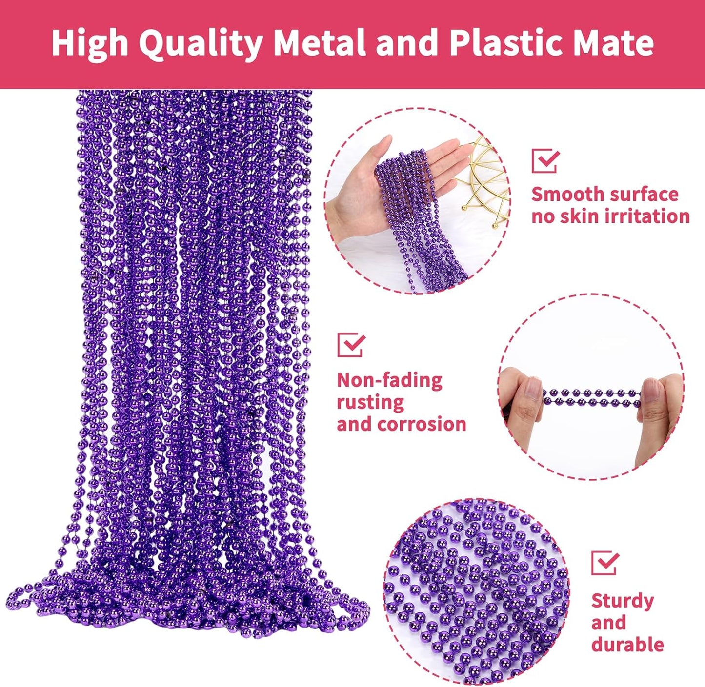 48 Pack Mardi Gras Beads Necklaces, 33 Inch Plastic Beads for Party Favors, Festival Decorations, Parade Throws, Christmas, St. Patrick's Day Celebrations