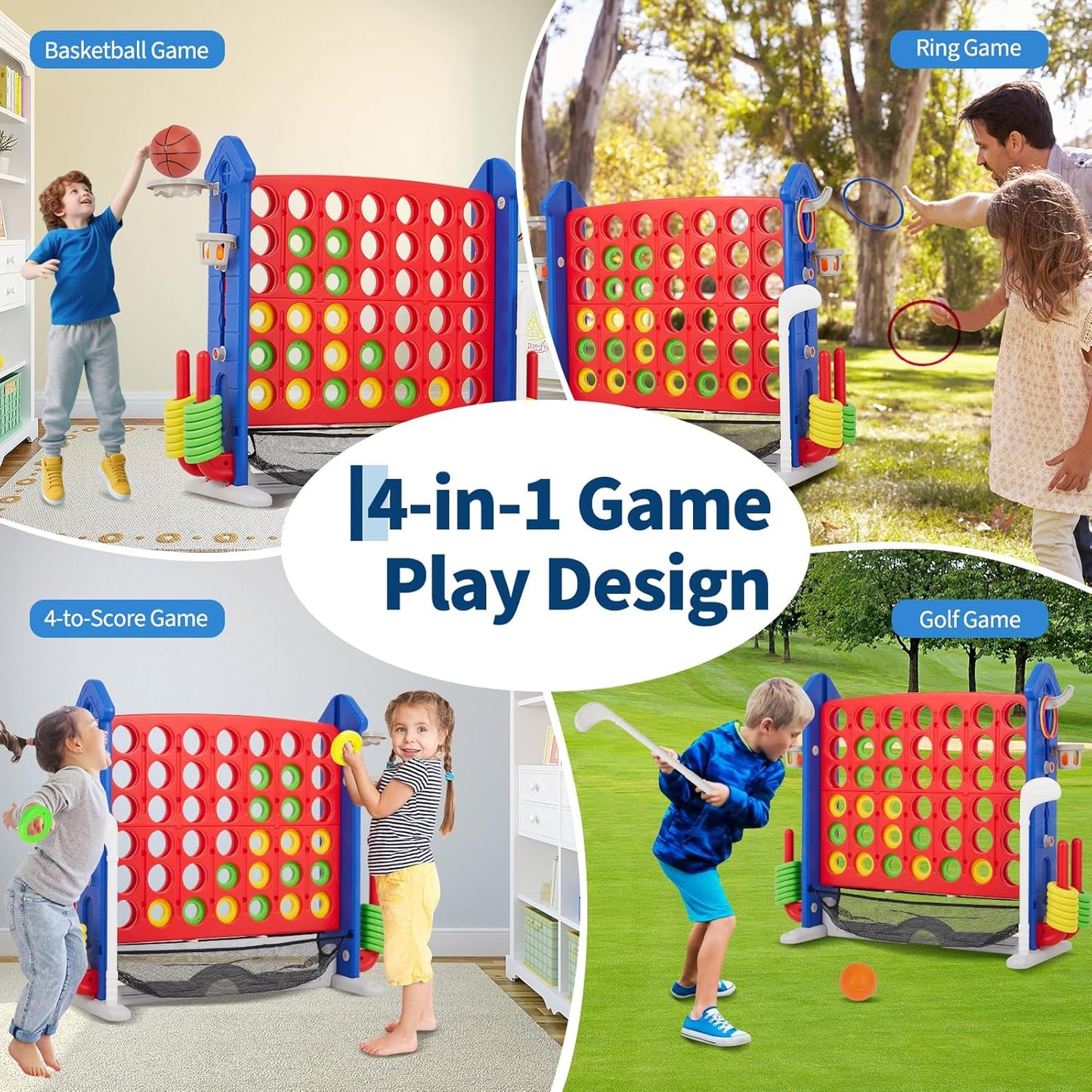 Giant 4 in a Row Game,Adjustable Height Board Jumbo 4-in-a-Row Game with Quick-Release Slider,Mini Basketball,Golf & Ring Toss Set for Family Party, Outdoor & Indoor