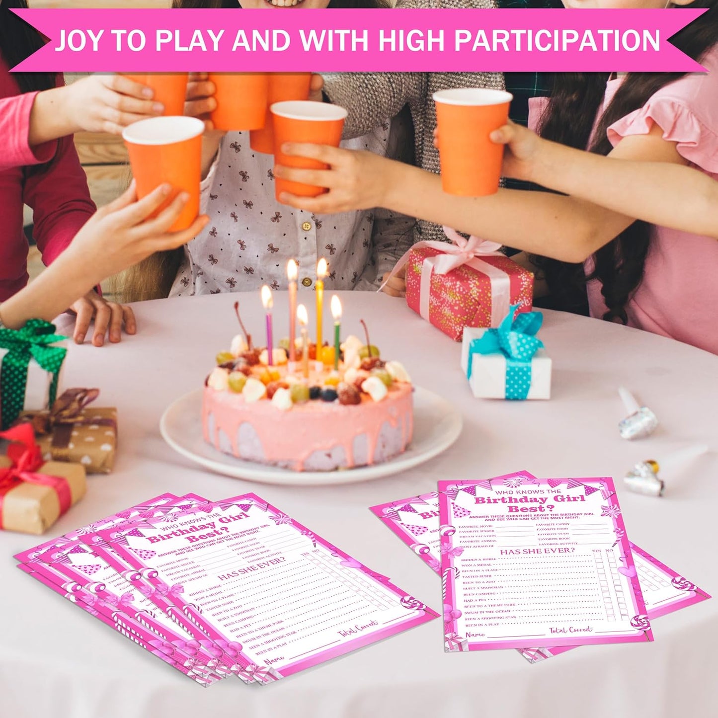 Birthday Party Games Card, Who Knows The Birthday Girl Best, Girls Sleepover Party Supplies for The Girls Card Game, 5x7 Inch Set of 25 Game Cards (Pink, Double-Sided) - A03