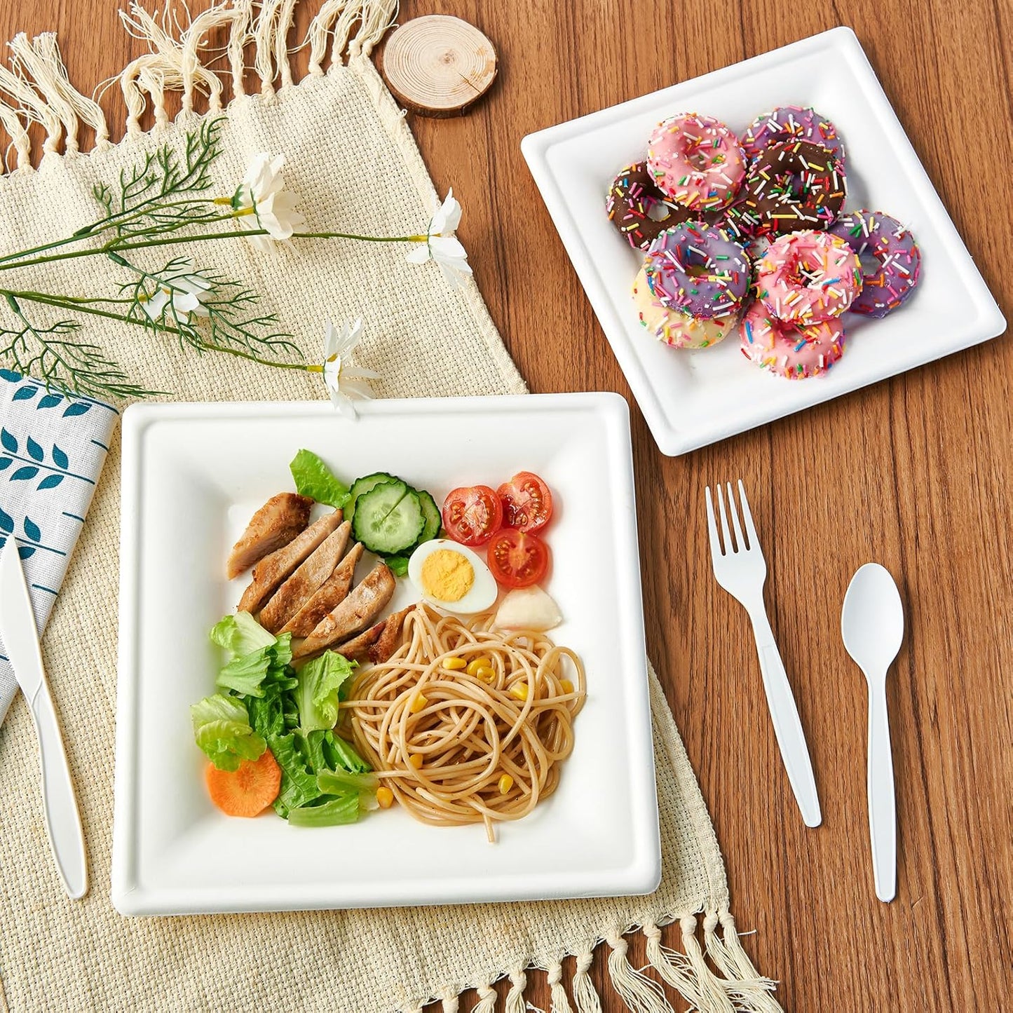 ECOLipak 7.85 Inch Compostable Square Paper Plates, 300 Count Heavy Duty Paper Plates, Eco Friendly Disposable Sugarcane for Party, Daily