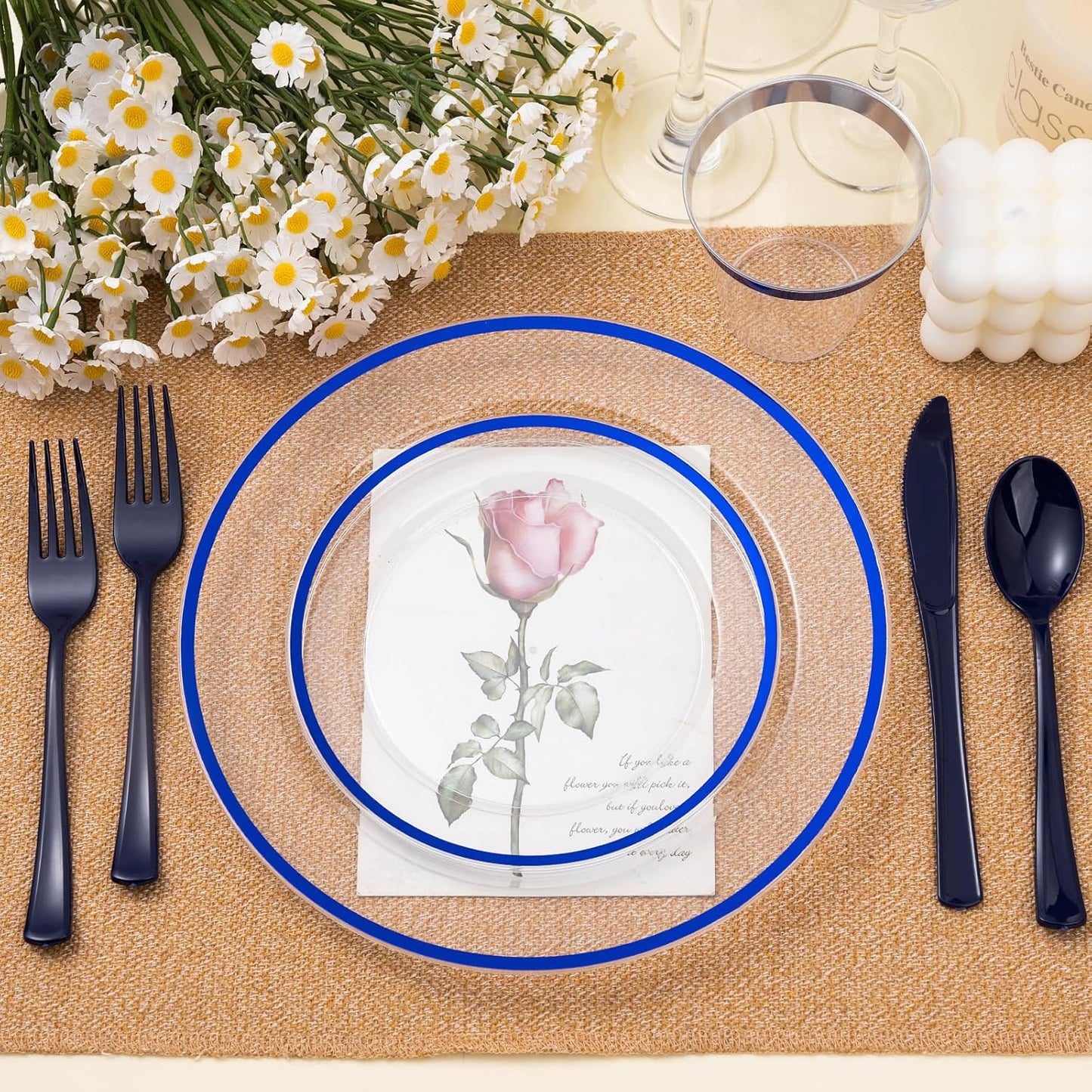 350PCS Blue and Clear Plastic Dinnerware Sets for 50 Guests, Include 100 Blue Disposable Plates, 100 Forks, 50 Knives, 50 Spoons, 50 Cups,christmas party supplies