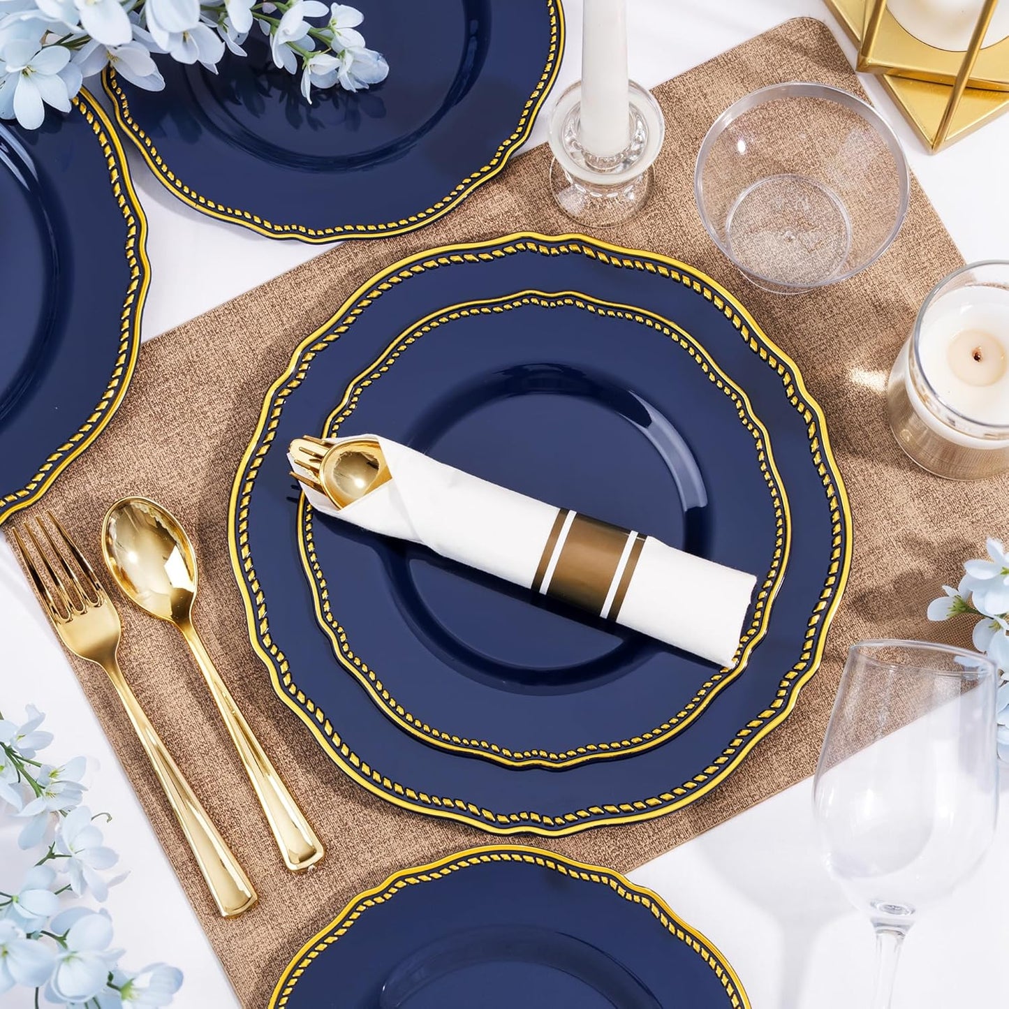 Hioasis 350pcs Blue and gold Plastic Plates - Blue Plastic Dinnerware Set Includes 50 Dinner Plates, 50 Dessert Dinnerware, 50 Cups, 50 Rolled Napkin Cutlery Perfect for Wedding & Party