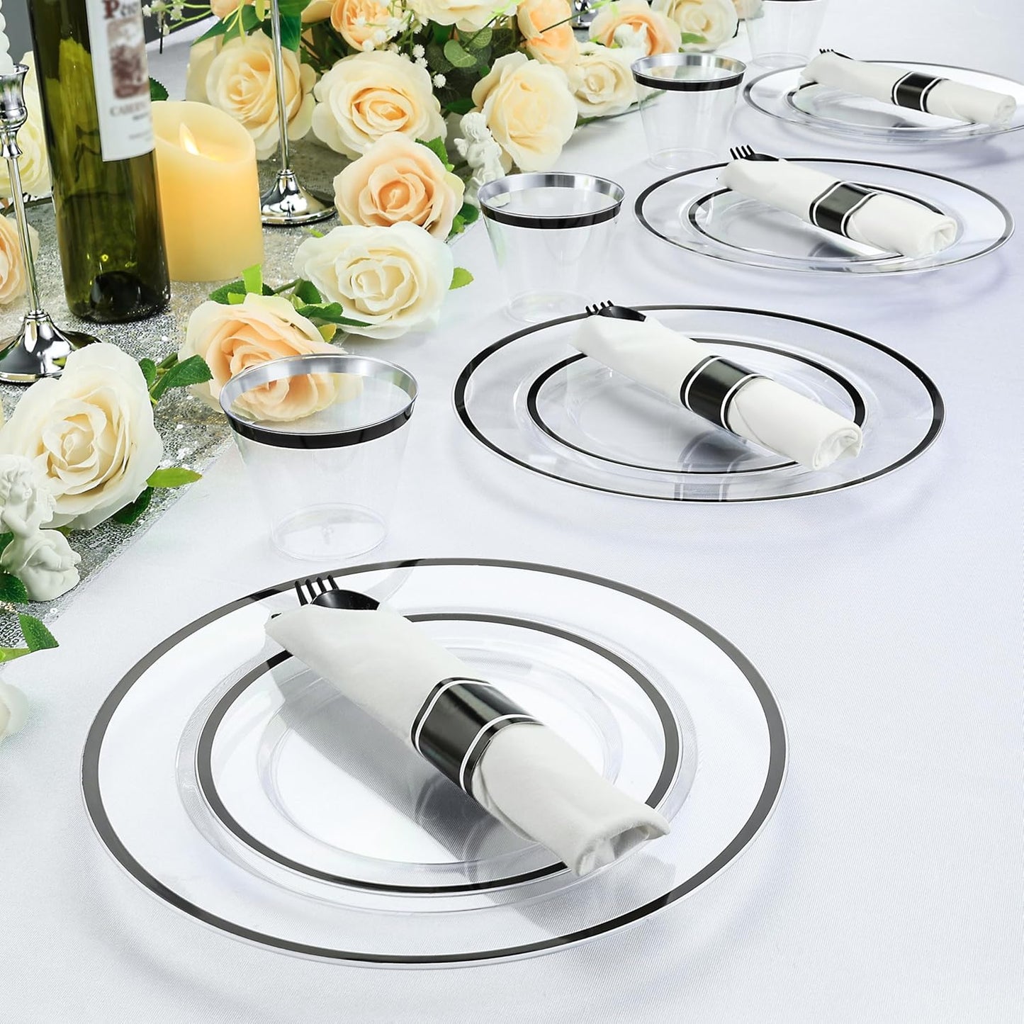 Goodluck 50 Set Black Pre Rolled Plastic Cutlery Set, Wrapped Silverware Set with 50 Forks, 50 Knives, 50 Spoons and 50 Napkins, Perfect for Party, Wedding, New Year