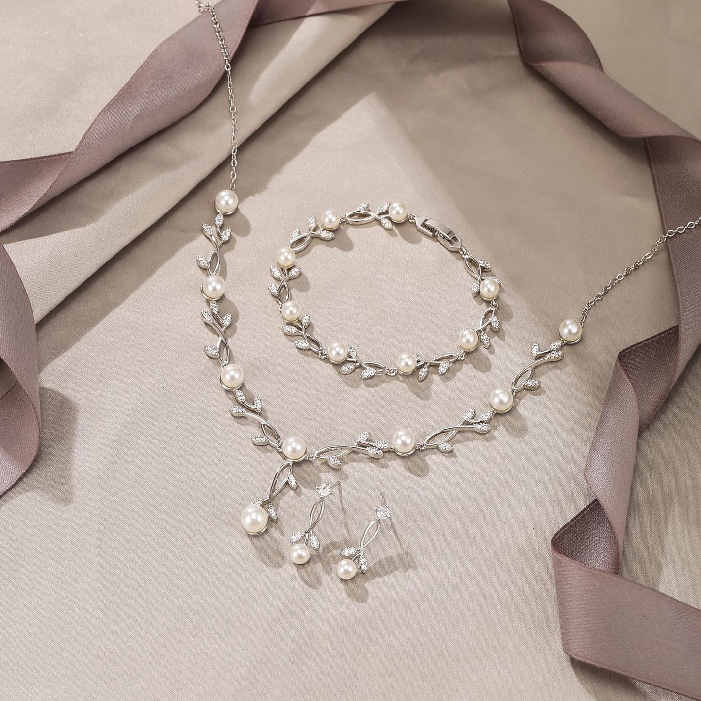 EVER FAITH Bridal Cubic Zirconia Jewelry Sets for Women, White Simulated Pearl Leaf Vine Pendant Wedding Party Necklace Earrings Set for Bridesmaid Bride