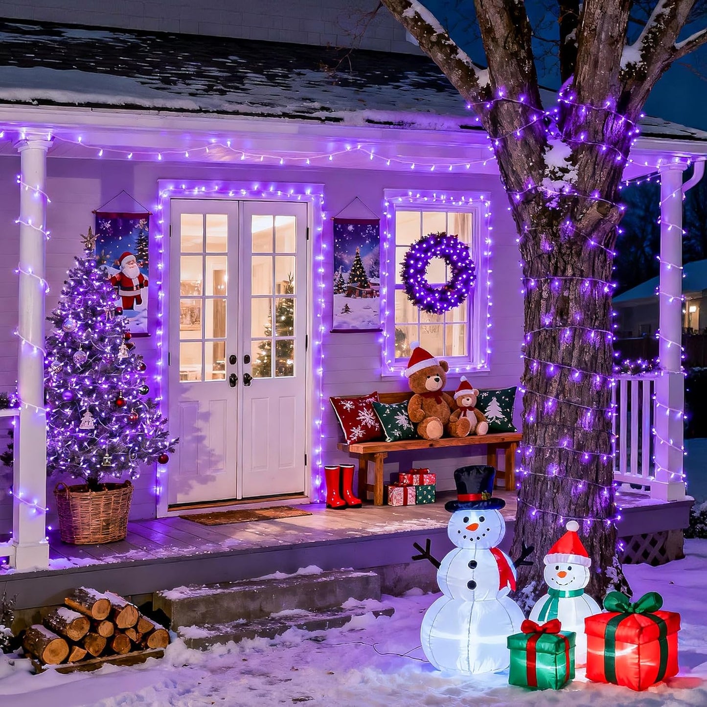 JMEXSUSS Purple Christmas Lights Indoor Outdoor Clear Wire, 66ft 200 LED Purple Lights for Christmas Tree, 8 Modes Deep-Violet String Lights Plug in for Christmas Bedroom Garden Party Xmas Decorations