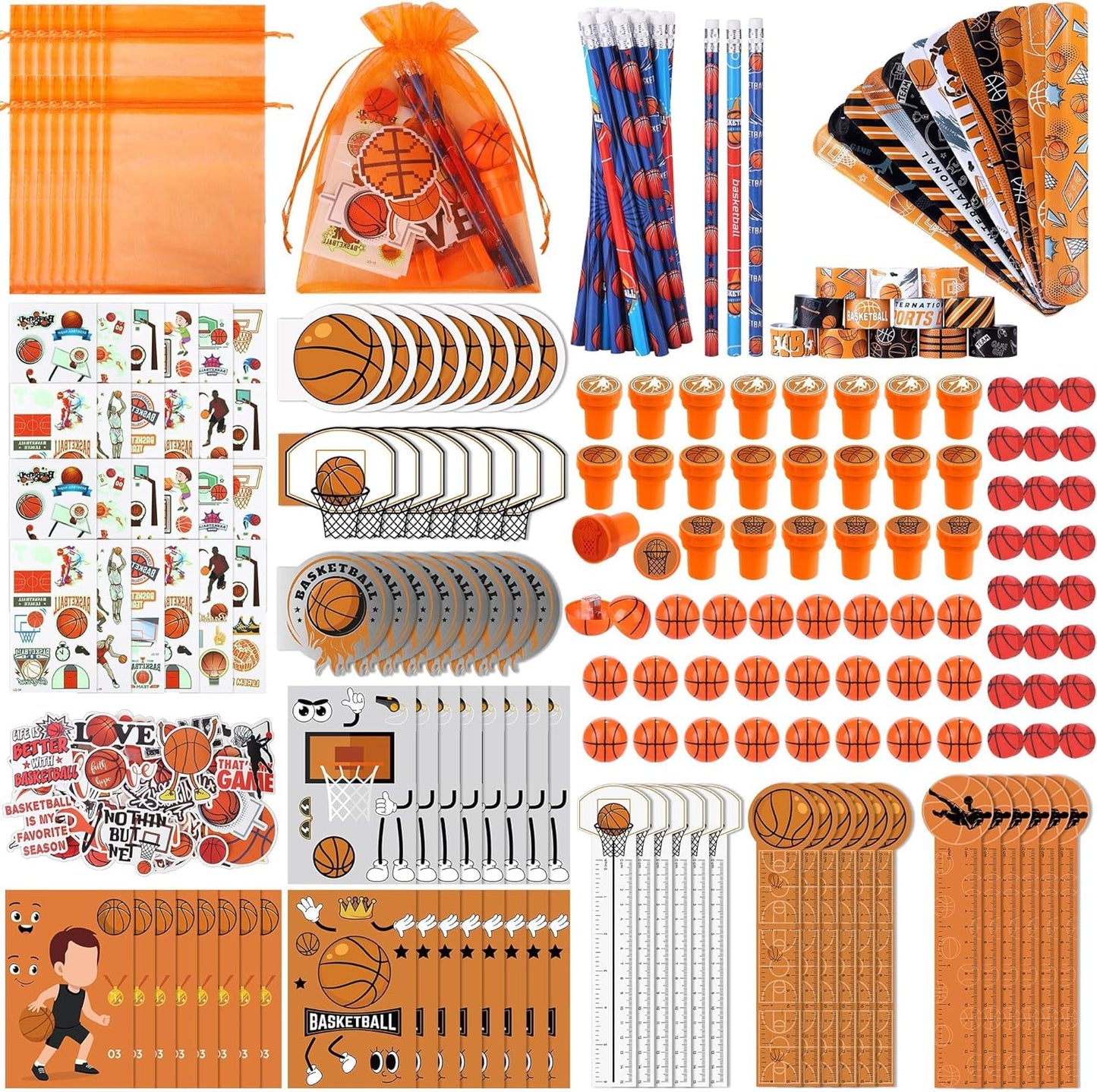 Aneco 340 Pieces Basketball Party Favor Set Basketball Goodie Bags Stuffers Mini Card Pencil Sharpener Eraser Stamp Slap Bracelet Sticker School Stationery Bulk for Party Team Game Prize Birthday Gift