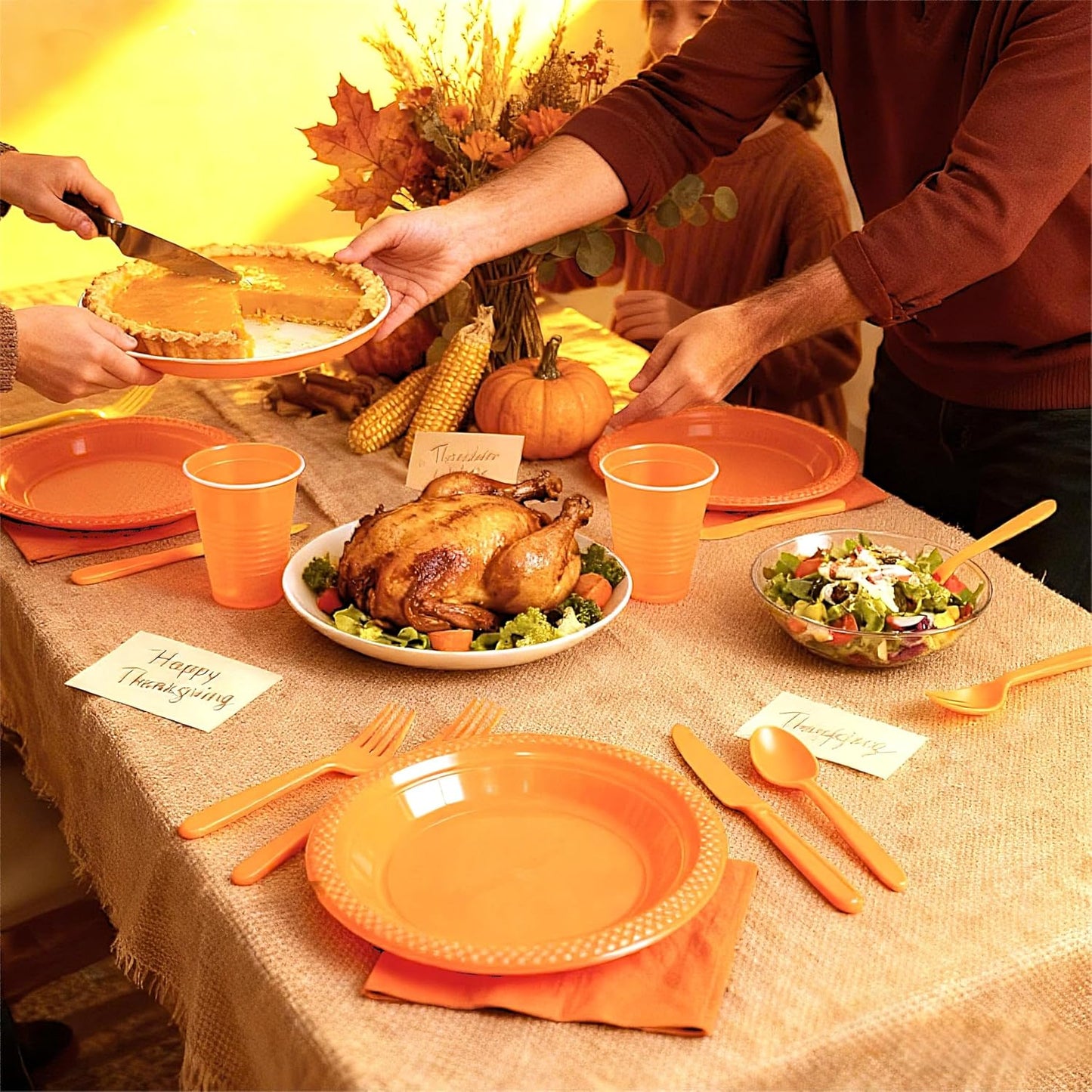 WELLIFE 210Pcs Orange Disposable Plates,Thanksgiving Plastic Plates,Includes: Orange Plates,Disposable Cutlery,12OZ Cups and Napkins Serve 30 Guests,Plastic Dinnerware Set for Thanksgiving