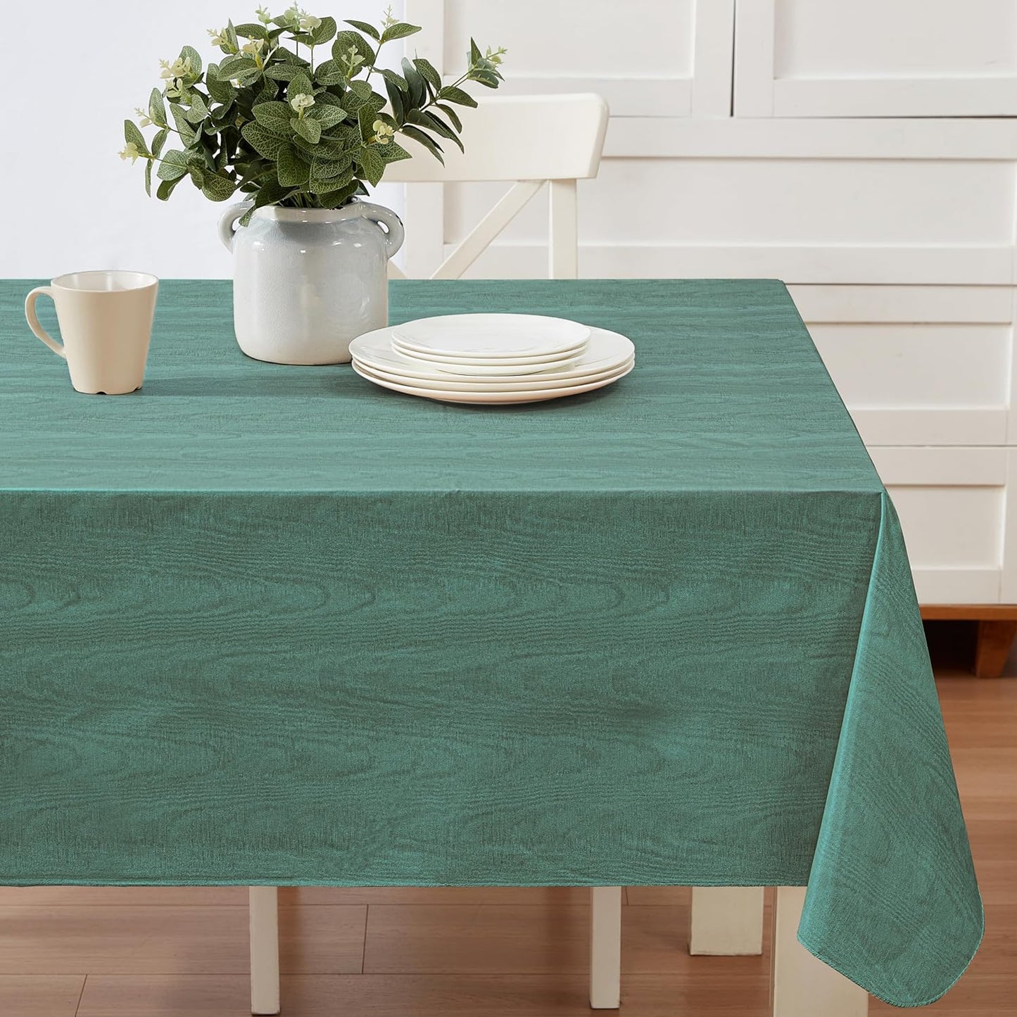 Newbridge Vinyl Flannel Backed Tablecloth, 60 x 120 Inch Rectangle, Hunter Green Moire Wavy Solid Design, Heavyweight Indoor Outdoor Waterproof Table Cover, Easy Care Wipe Clean