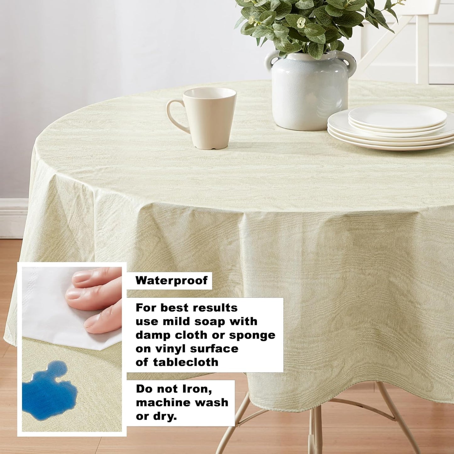 Newbridge Vinyl Flannel Backed Tablecloth, 70 inch Round, Beige Moire Wavy Solid Design, Heavyweight Indoor Outdoor Waterproof Table Cover, Easy Care Wipe Clean