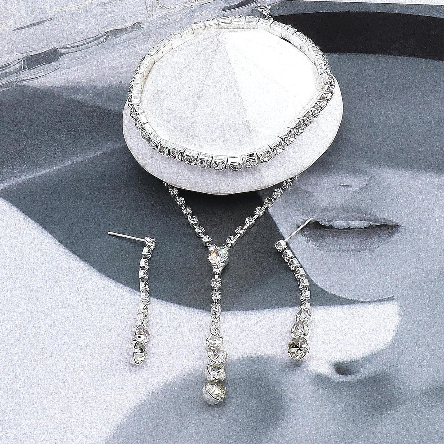 GIGB PBDK Dainty Silver Jewelry Set Crystal Rhinestone Pendant Necklace Bracelet Earrings Trendy Bridal Wedding Prom Dresses Costume Jewelry Sets for Women Wife