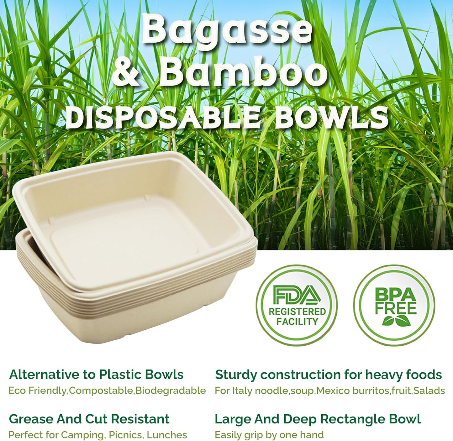 Homestockplus 30 oz Rectangle Paper Bowls 50 Pack Compostable Disposable Bowls for Party, Heavy Duty Large Disposable Serving Bowls for Tacos, Salads, Burrito, Pasta, Snacks, and Baked Potatos