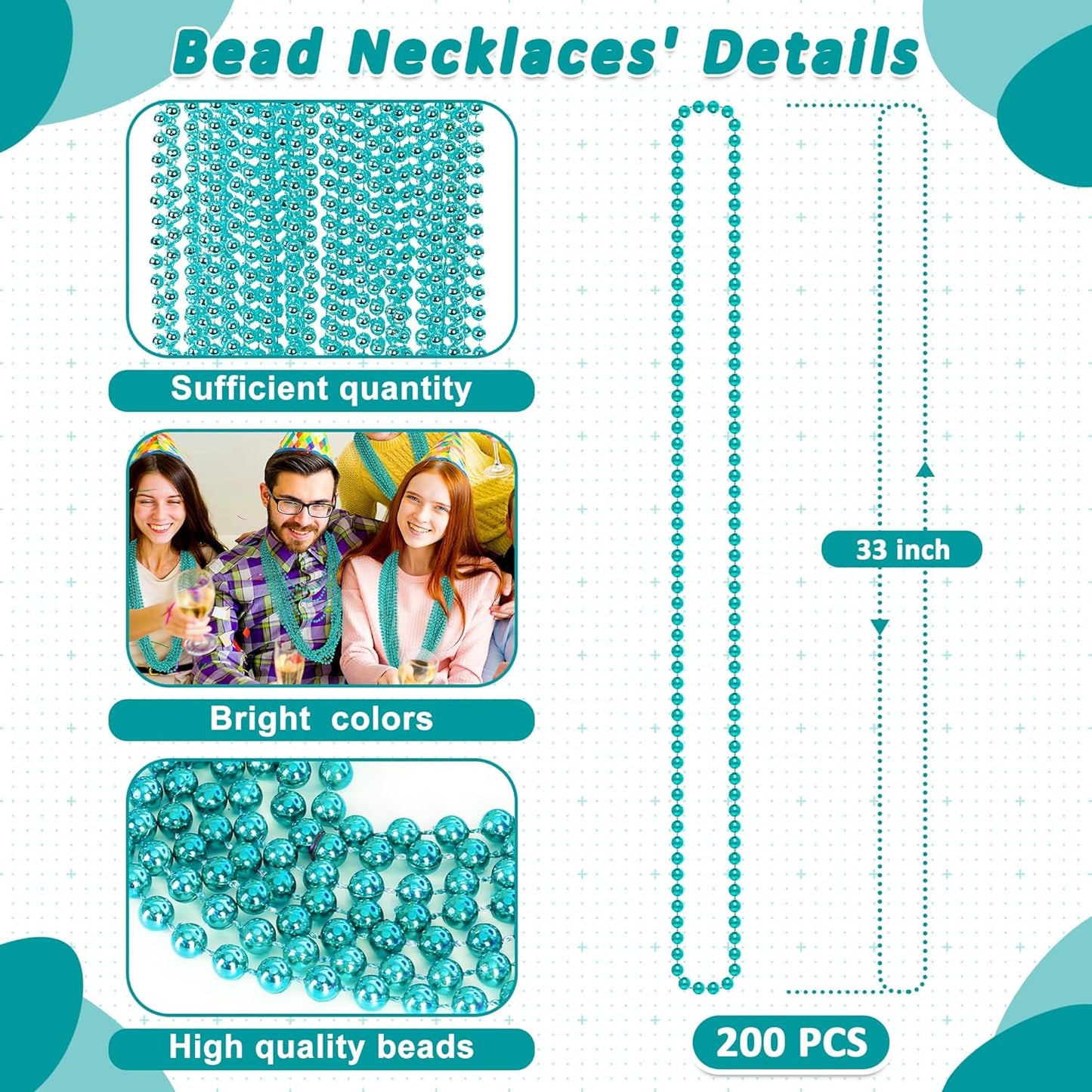 200PCS Mardi Gras Beads, 33" Mardi Gras Accessories, Lakeblue Bead Necklaces, Parade Party Beads Bulk Women Men Party Favors for Festival Event Pirate Baby Shower Birthday Supplies