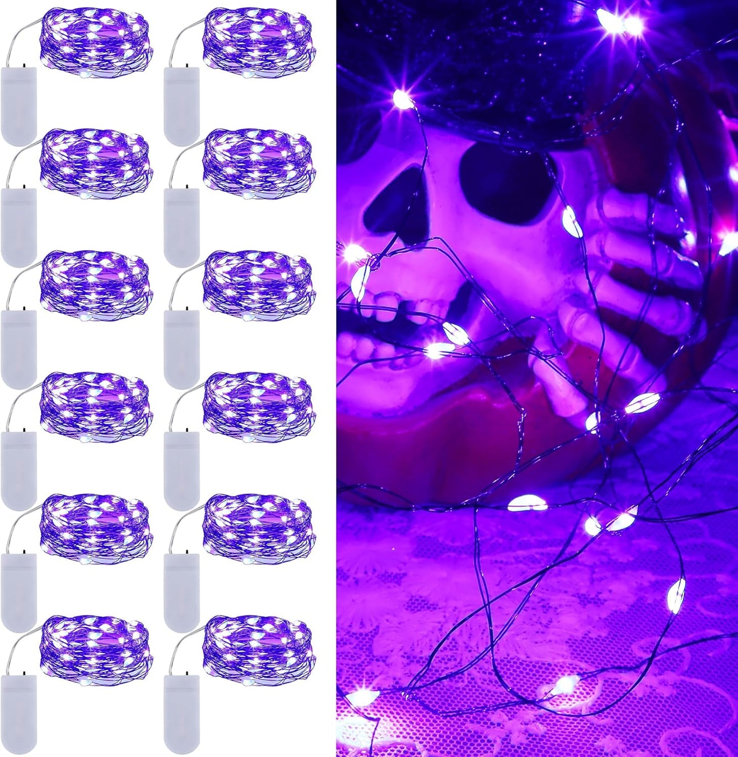 WATERGLIDE 12 Pack Halloween Fairy Lights Battery Operated (Included), 7 ft 20 LED Mini Firefly Starry String Lights, Waterproof Black Wire Light for DIY Mason Jar Table Halloween Decor, Purple