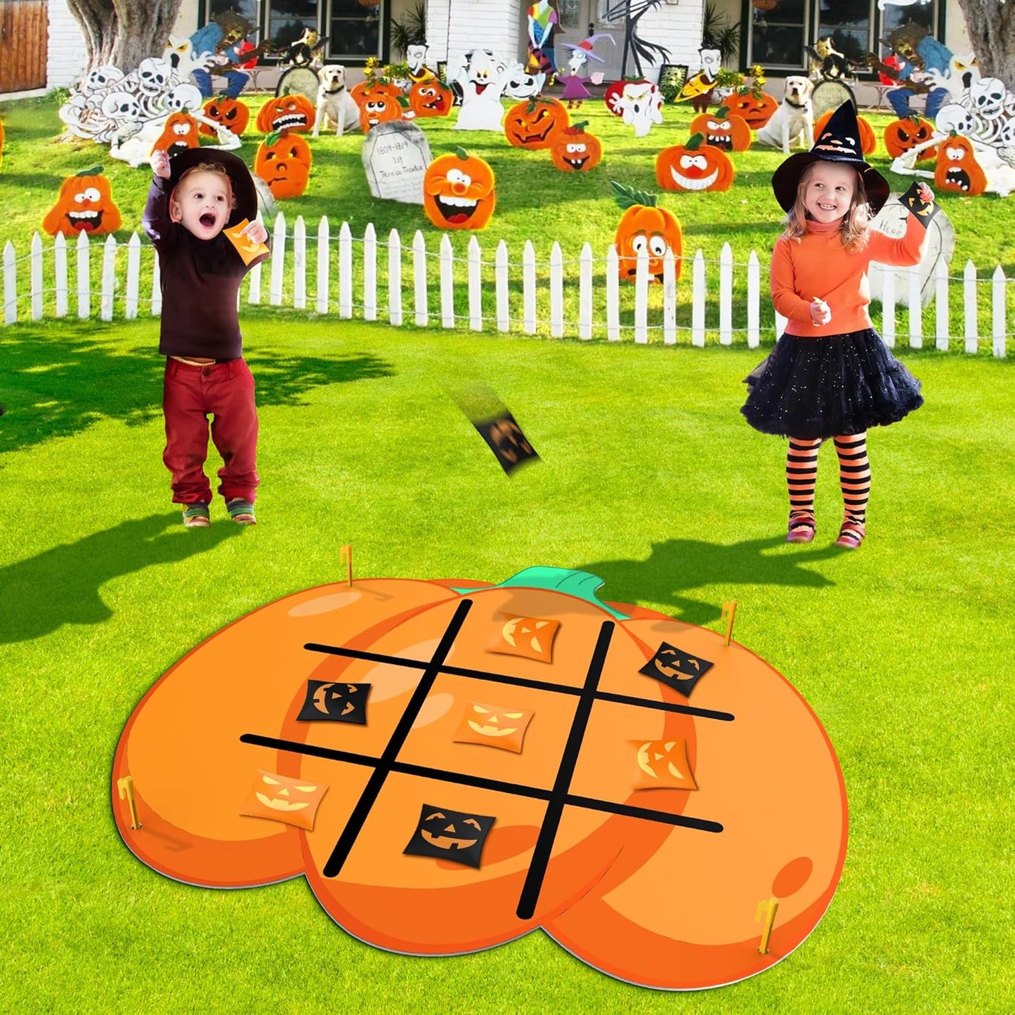 Halloween Pumpkin Party Favors Tic Tac Toe Bean Bag Game for Kids,Bean Bag Toss Across for Indoor Outdoor Yard Background Lawn Adults Family Night Halloween Activities 10 Bean Bags
