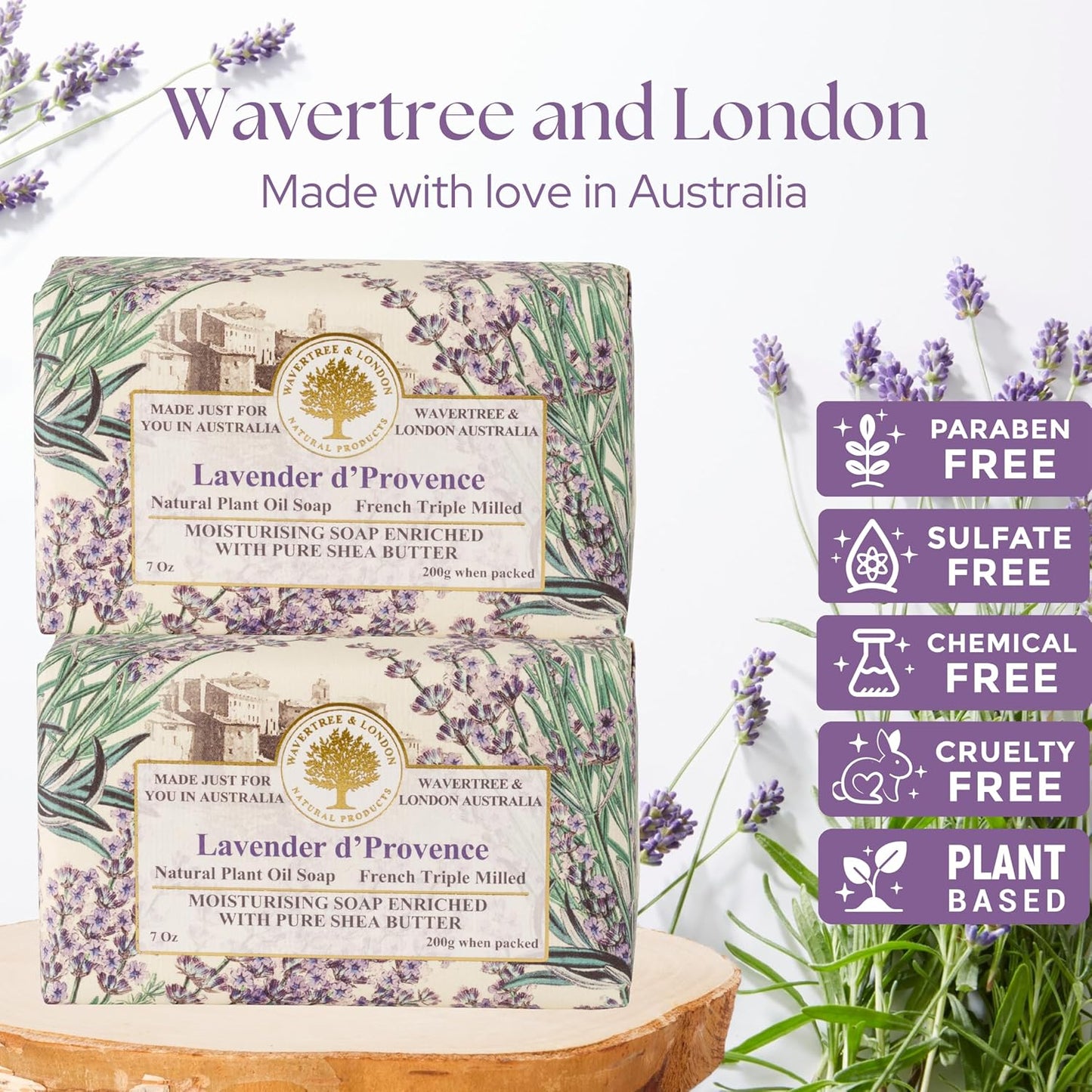 Wavertree & London Lavender Scented Natural Soap Bars (Pack of 2), 7oz Moisturizing French Triple Milled Soap Bars enriched with shea butter - Pure Plant Oil Bath & Body Bar for All Skin Types