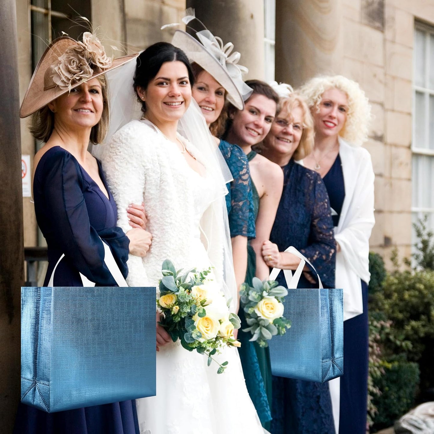 cabzymx 25 Pcs Blue Reusable Gift Bags with Metallic Design, Non-woven Gift Bag Bulk with Handles, Glossy Party Bags for Wrapping Gifts, Birthday, Wedding, Parties, Graduation-12.6x4.7x11 In