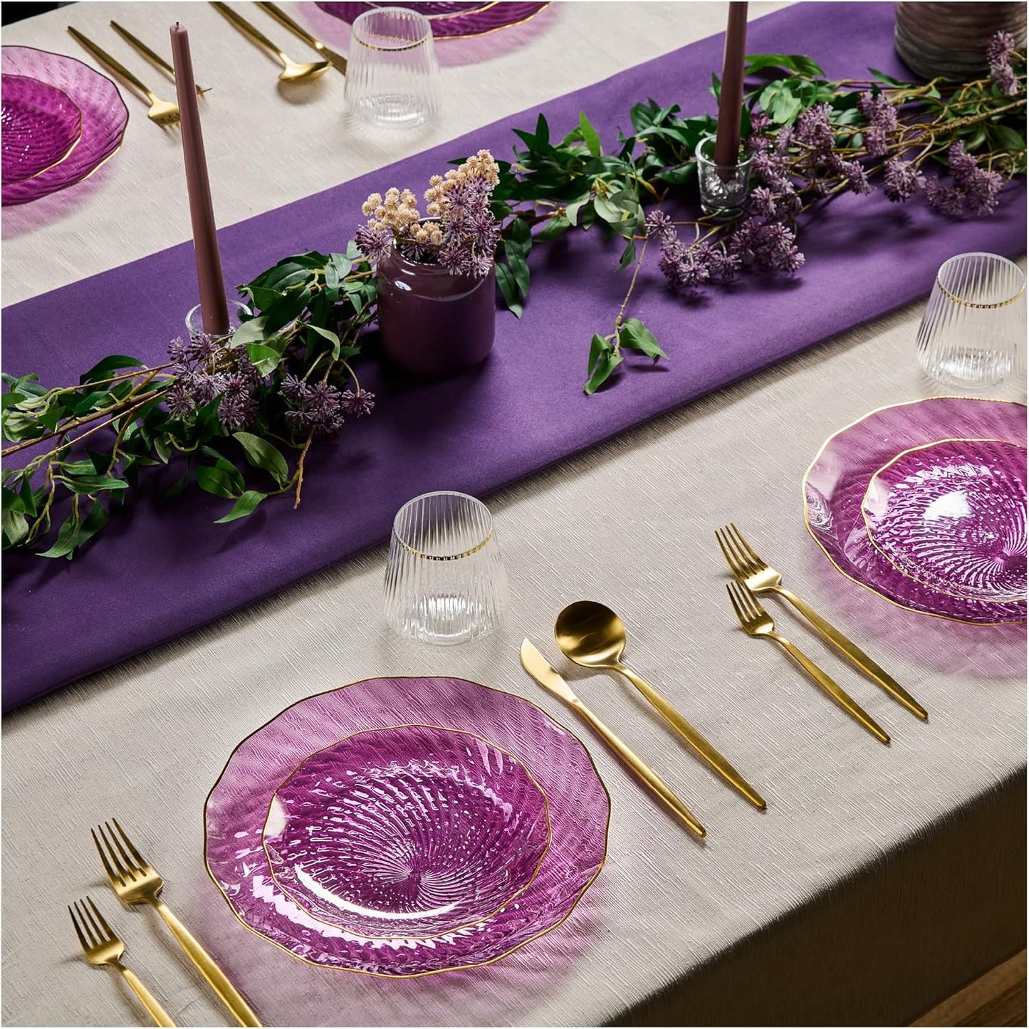 PLASTICPRO 60 Pack Plastic Plates Set of 30-10 inch Plates and 30-7 inch Plate, Elegant Clear Purple Spiral and Gold Rim Disposable Fancy Plate Premium Heavyweight