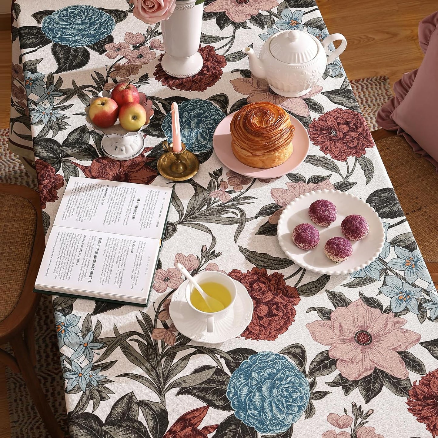 Designer French Linen Tablecloth for Rectangle Table,Red and Blue Floral Durable Long Tablecloths,Decor Table Cover for Kitchen,Dining,Thanksgiving,Christmas,63"*94"-Burgundyred