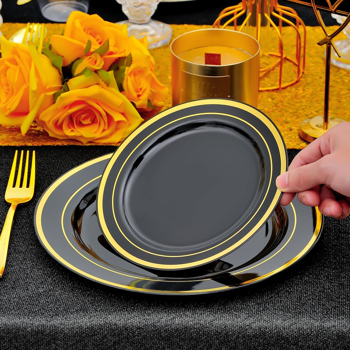 350 PCS Black and Gold Dinnerware Set for 50 Guests, Black Disposable Plates with Gold Rim for Party Wedding-50 Dinner Plates, Dessert Plates, Silverware Set,Napkins and Cups
