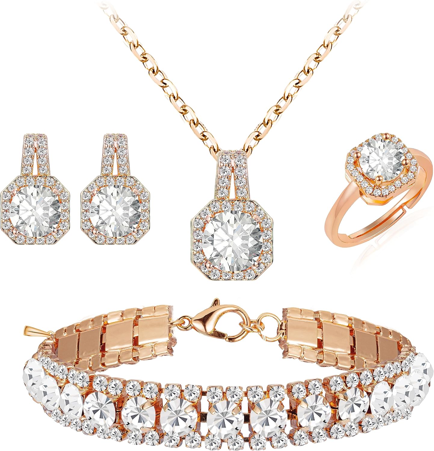 4pcs Cubic Zirconia Wedding Jewelry Sets for Bride Bridesmaid Cubic Zirconia Pendant Necklace Earrings Link Tennis Bracelet Open Ring Set for Women