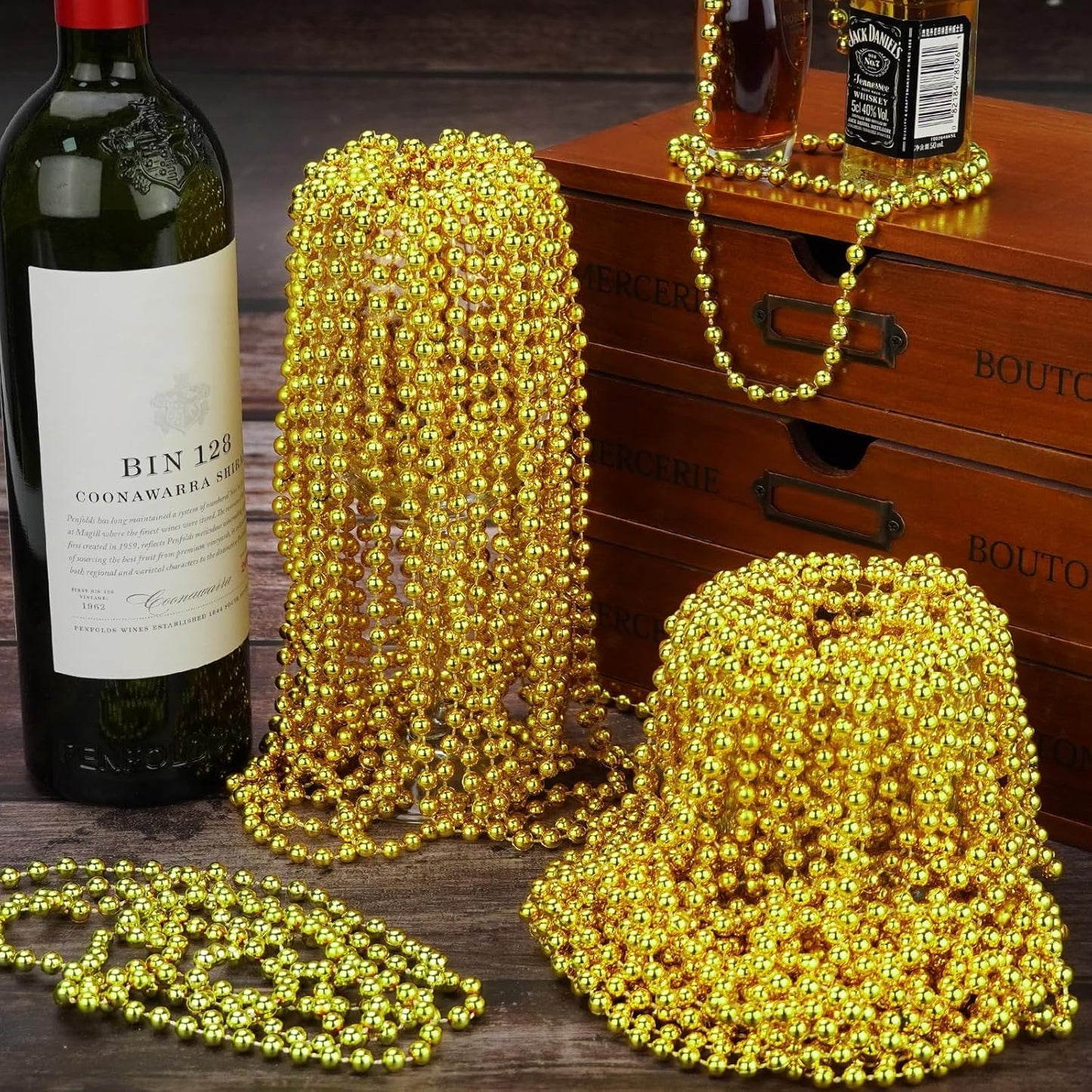 YAXINRUI 24 PCS Gold Mardi Gras Beads, Gold Bead Necklaces, Christmas Bead Necklaces, 33 Inch Round Beaded Necklaces for Mardi Gras Party Christmas New Year Eve Festive Events, Party Favors