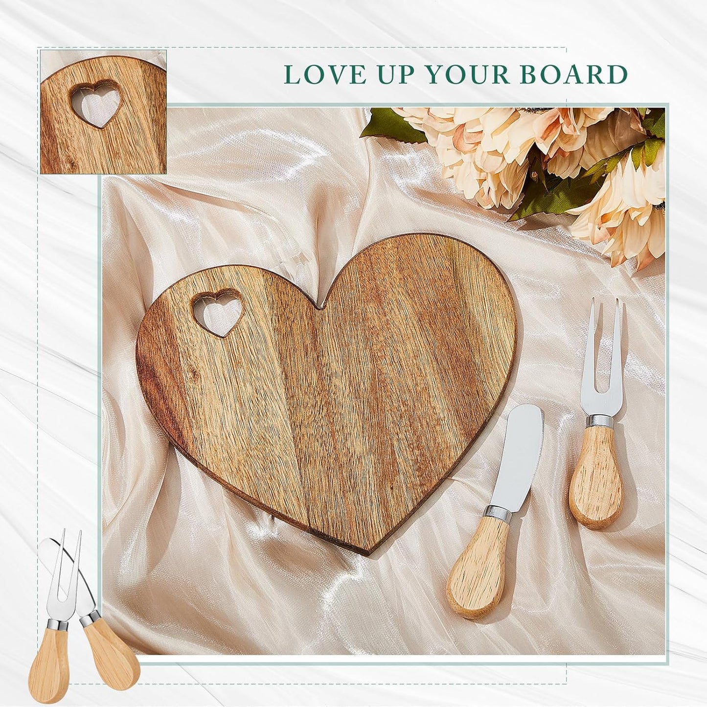 Patelai 18 Set Bridal Shower Favor Heart Cheese Board Cheese Knives Wood Mini Charcuterie Board Thank You Gift Box for Guest Bridal Baby Shower Prize Wedding Birthday Valentines (Acacia Color)