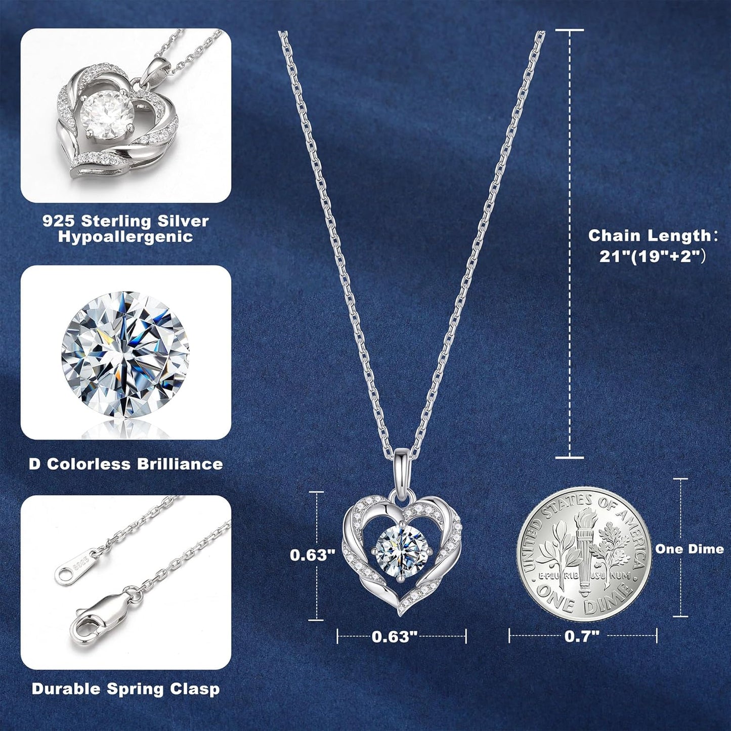 MOOSEA Christmas Gifts for Women Wife, 1-3 Carat D Color VVS1 Clarity Moissanite Heart Pendant Necklaces Anniversary Birthday Gifts for Wife Mom Daughter 925 Sterling Silver Necklace