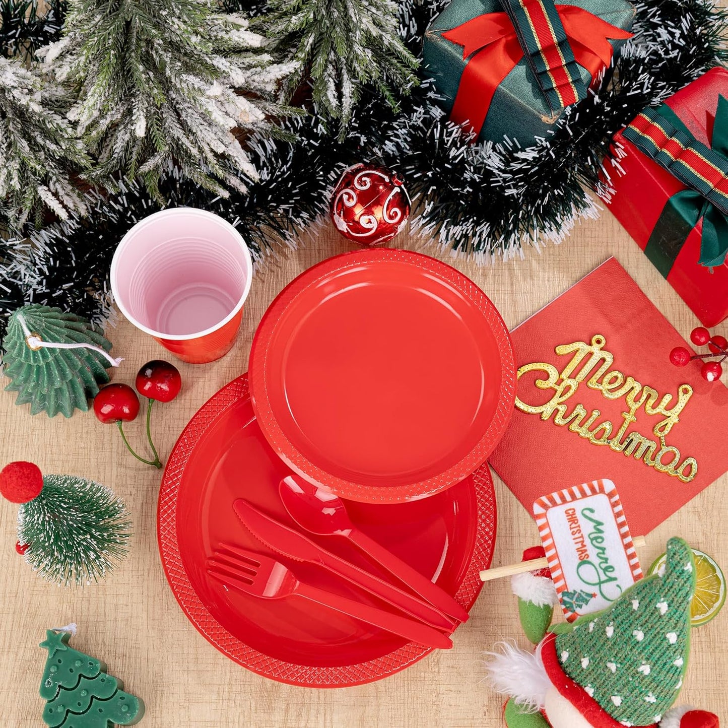 WELLIFE 210Pcs Red Plastic Plates, Christmas Plates Disposable, Party Supplies Including Red plates, 12oz Cups, Plastic Cutlery and Napkins Serve 30 Guests, Disposable Dinnerware Set for Christmas
