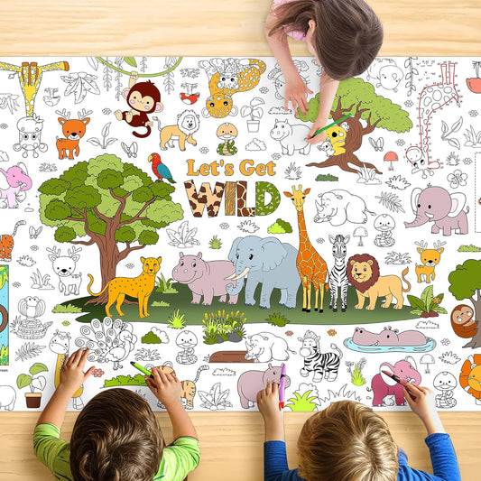 Wild Coloring Tablecloth for Kids, Jumbo 30x72 Inch Poster with Jungle Animals, Leaves, Safari Scenes, Perfect for Wild Party Games, Jungle Decorations, Classroom Fun, Celebration Supplies