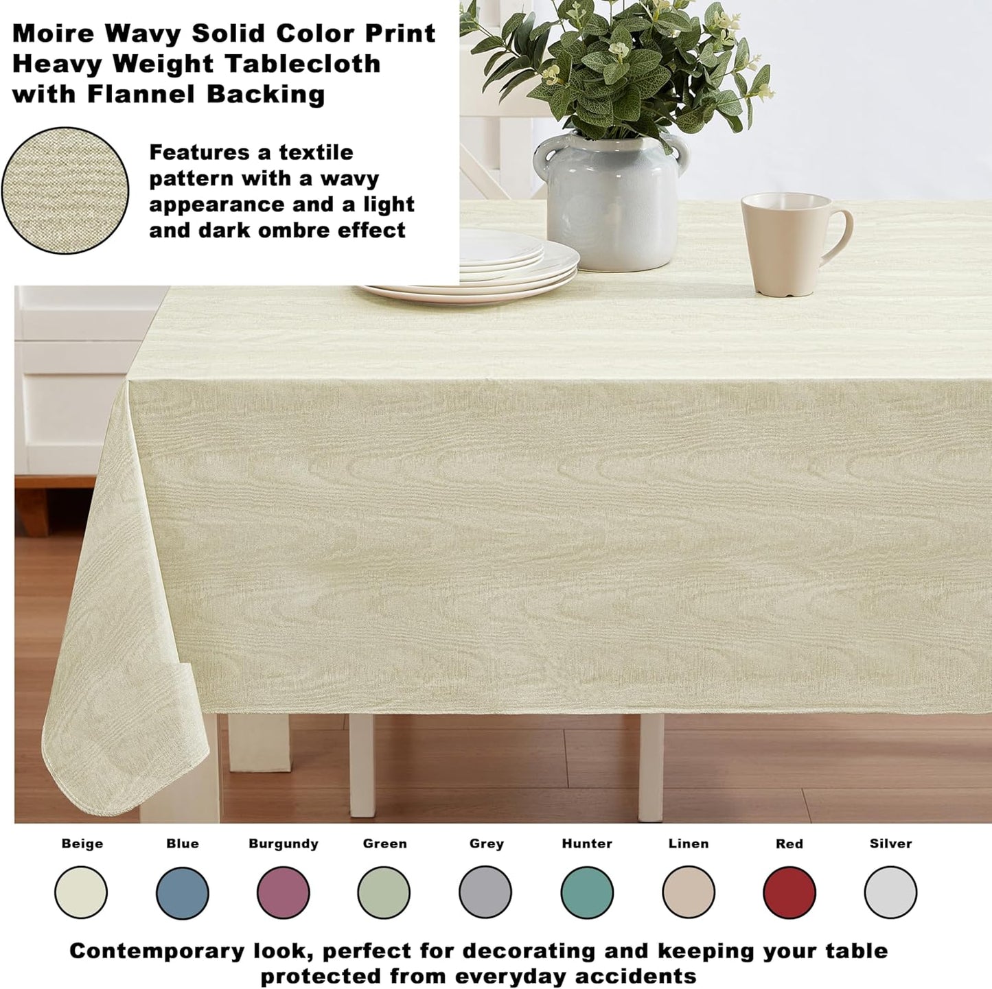 Newbridge Vinyl Flannel Backed Tablecloth, 60 x 120 Inch Rectangle, Beige Moire Wavy Solid Design, Heavyweight Indoor Outdoor Waterproof Table Cover, Easy Care Wipe Clean