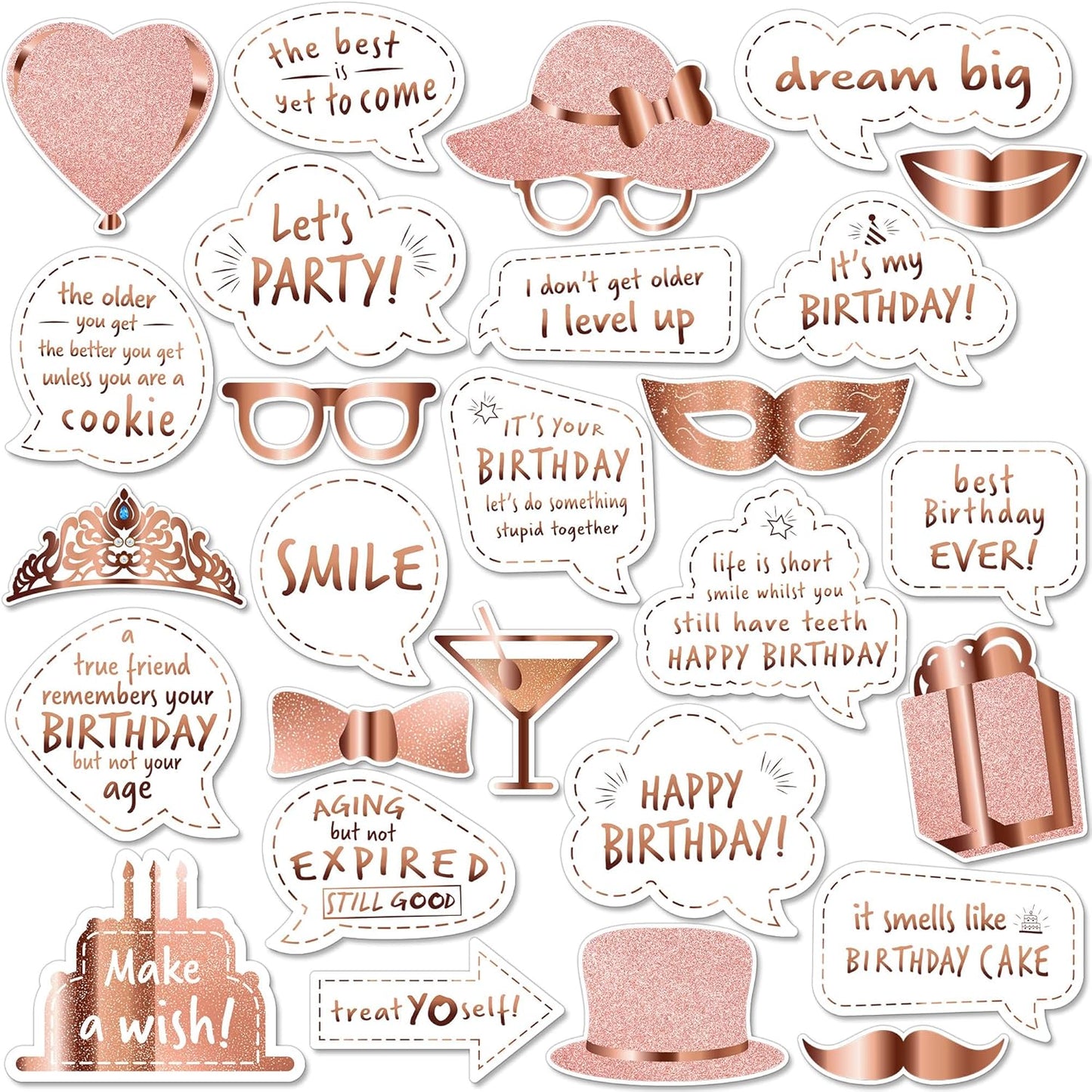 Premium Birthday Photo Booth Props Kit, 27 White & Rose Gold Party Decorations (No Glitter), Durable & Easy-to-Use Photobooth Props Signs for Memorable Photos & Unforgettable Celebrations by PixiPy