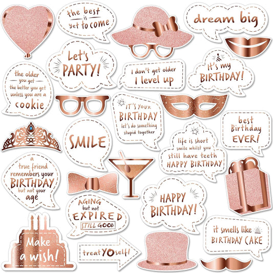 Premium Birthday Photo Booth Props Kit, 27 White & Rose Gold Party Decorations (No Glitter), Durable & Easy-to-Use Photobooth Props Signs for Memorable Photos & Unforgettable Celebrations by PixiPy
