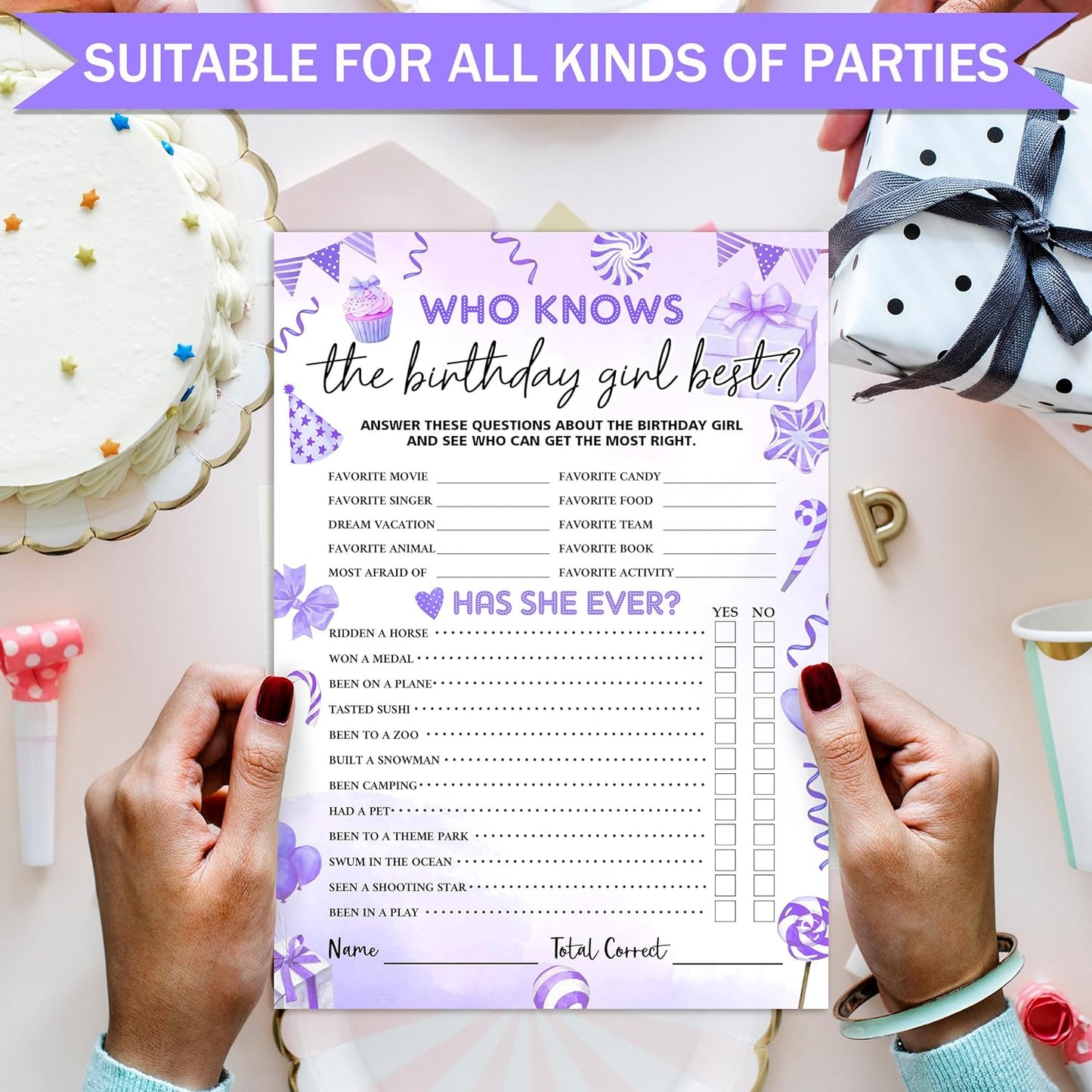 Birthday Party Games Card, Who Knows The Birthday Girl Best, Girls Sleepover Party Supplies for The Girls Card Game, 5x7 Inch Set of 25 Game Cards (Purple, Double-Sided) - A05