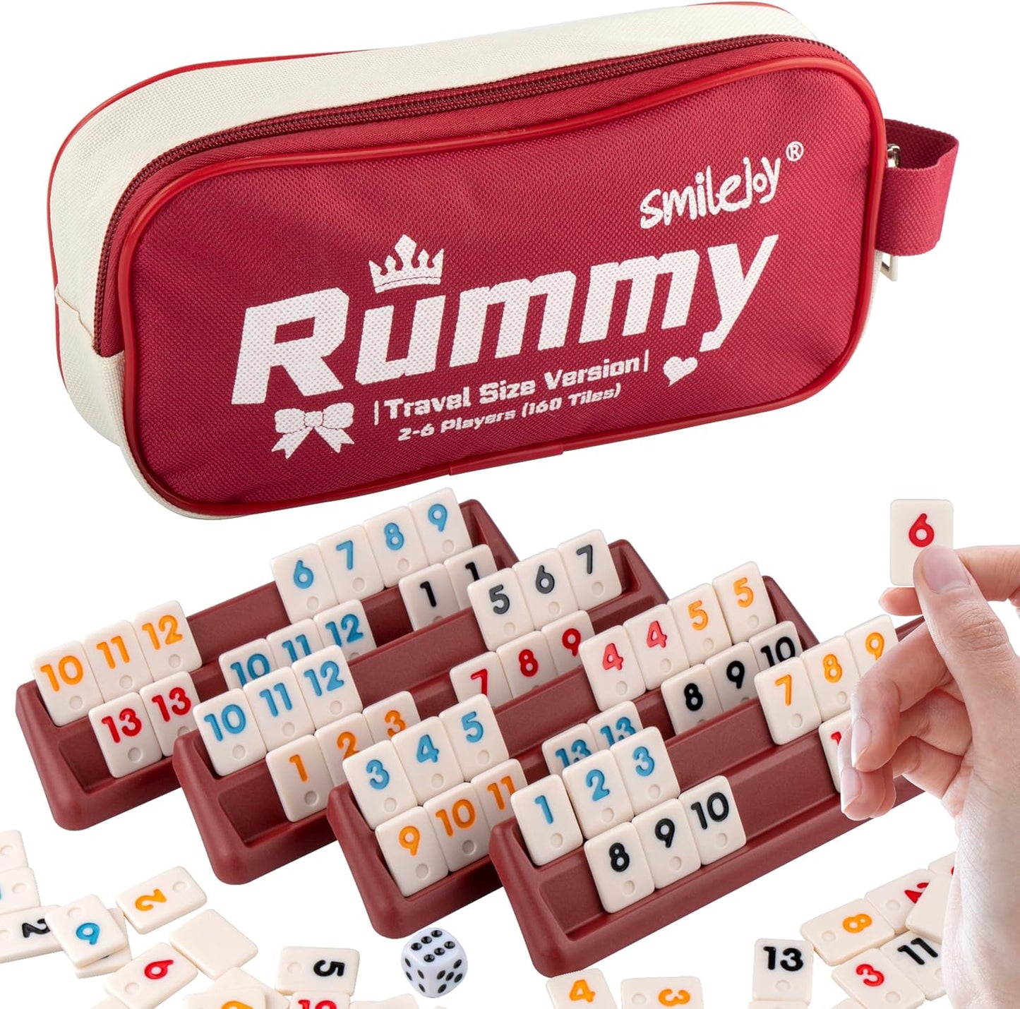 Smilejoy Mini Rummy Cube Six Player Edition, Travel Rummy Game Set with Portable Canvas Bag,Classic Board Game for Adults and Kids |160 Tiles|6 Playing Racks|1 Dice (2-6 Player)