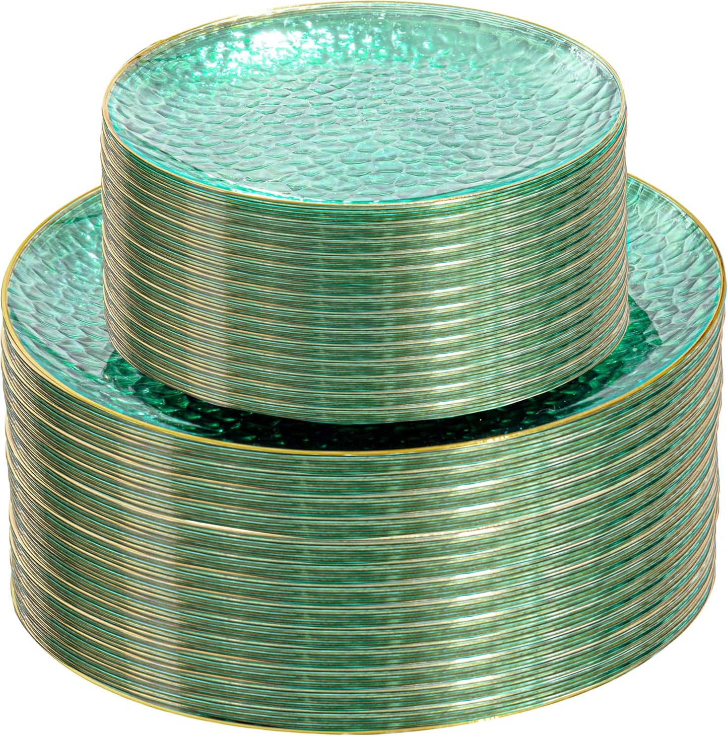 SUT 100Pcs Green Plastic Plates, Hammered Plates Disposable Heavy Duty, Green Disposable Plates With Gold Rim, Fancy Plastic plates Include 50 Dinner and 50 Dessert plates for Wedding