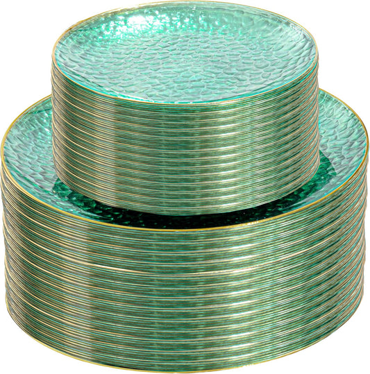 SUT 100Pcs Green Plastic Plates, Hammered Plates Disposable Heavy Duty, Green Disposable Plates With Gold Rim, Fancy Plastic plates Include 50 Dinner and 50 Dessert plates for Wedding