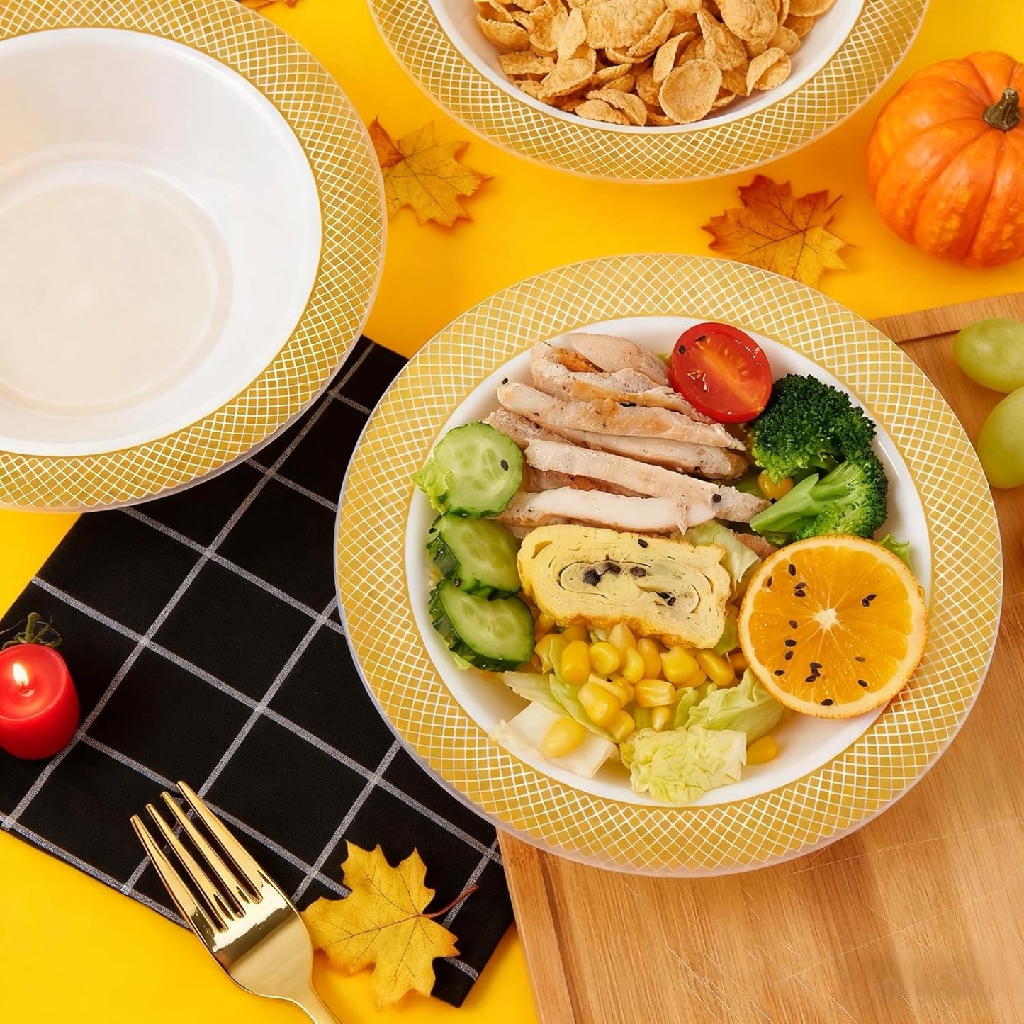 JOLLY CHEF 100 Disposable Plastic Bowls, 12oz Heavy Duty Disposable Dinner Bowls, Dessert Bowls with Gold Rim for Parties, Dinners, Catering, Thanksgiving and Everyday Use