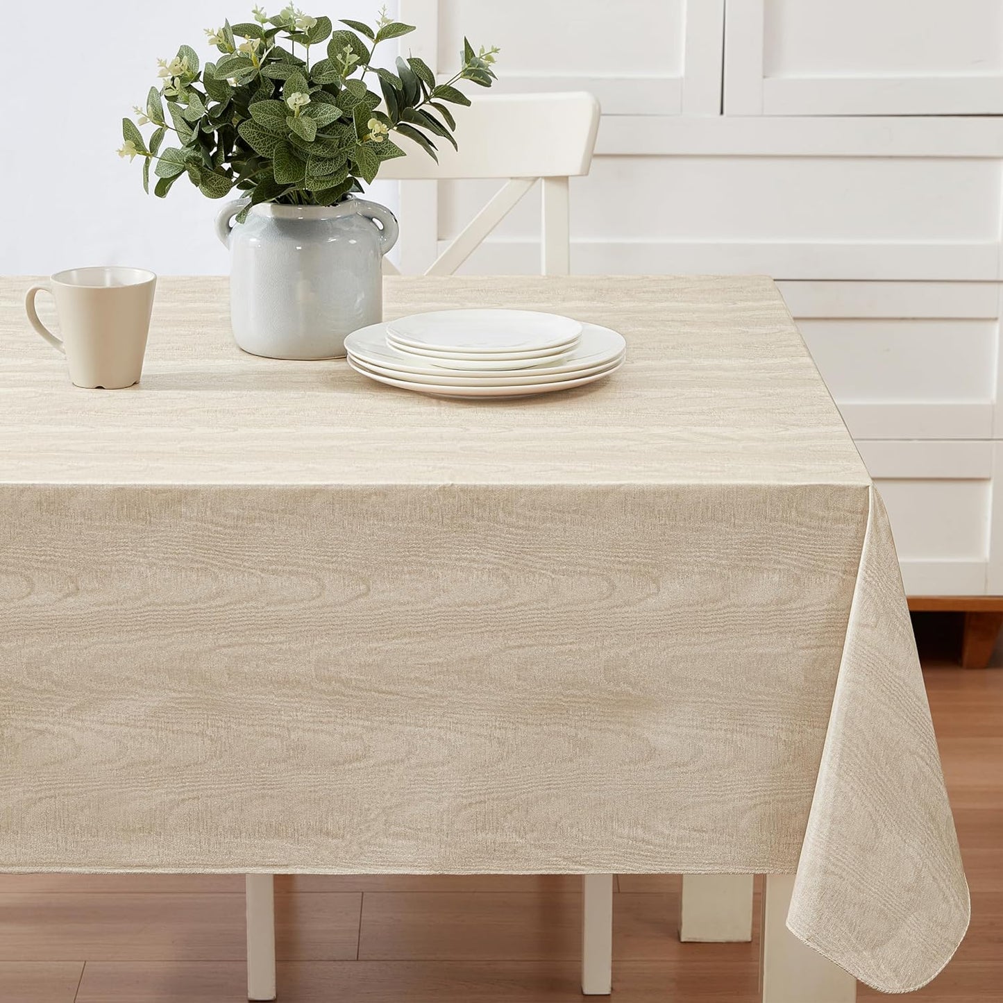 Newbridge Vinyl Flannel Backed Tablecloth, 52 x 70 Inch Rectangle, Taupe Moire Wavy Solid Design, Heavyweight Indoor Outdoor Waterproof Table Cover, Easy Care Wipe Clean