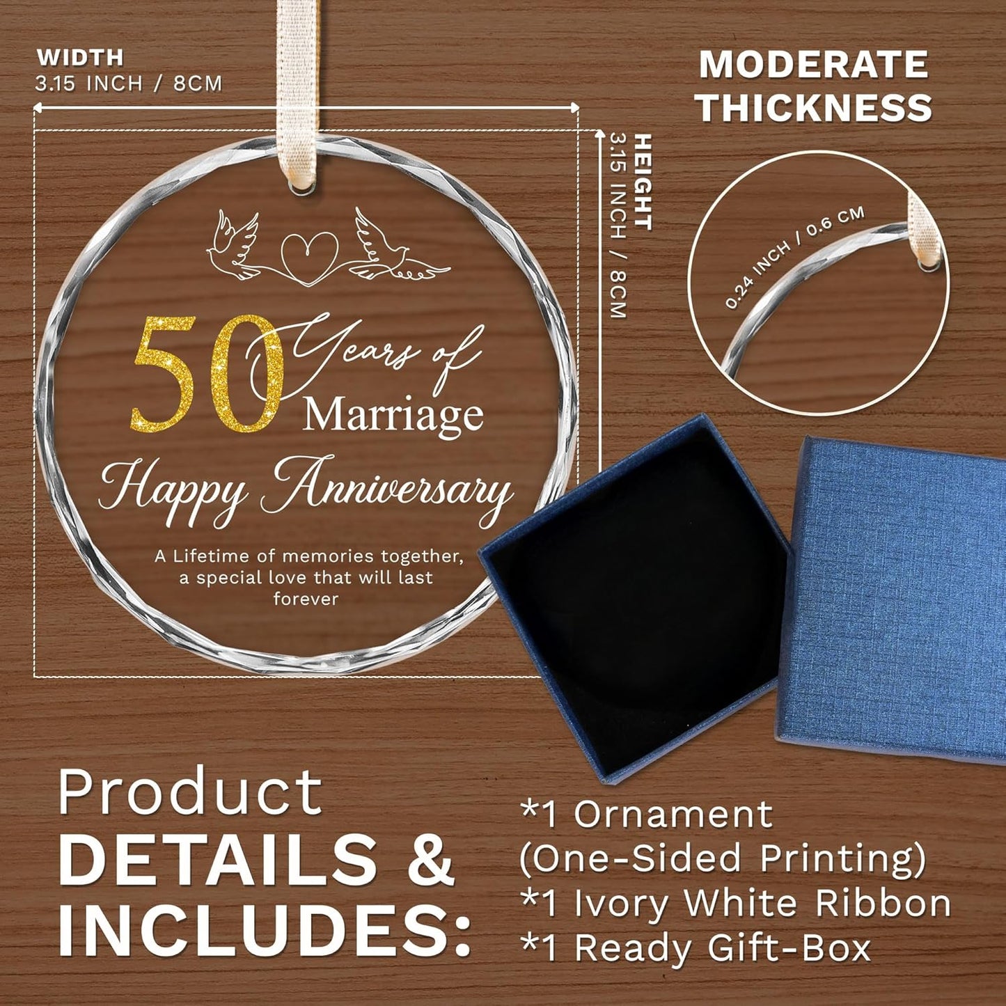 50th Anniversary Wedding Gifts for Couple - 50 Year Anniversary Wedding Gift Ideas for Parents, Husband, Wife, Her, Him - Best 50th Decoration Glass Ornament