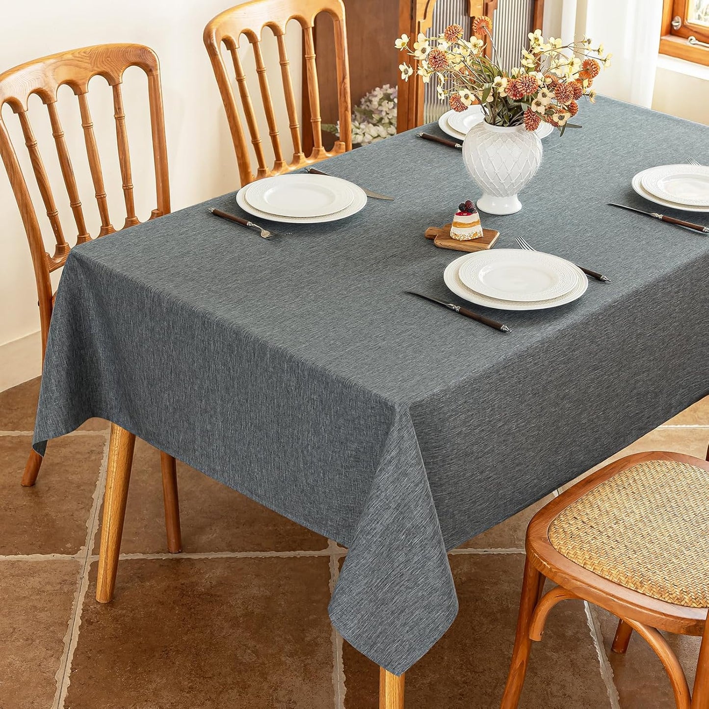 Fabric Rectangle Grey Table Cloth, Faux Linen Textured Stain Resistant & Washable Rectangular Tablecloth, Reusable for Dinning Kitchen Party, 55 x 70 Inch