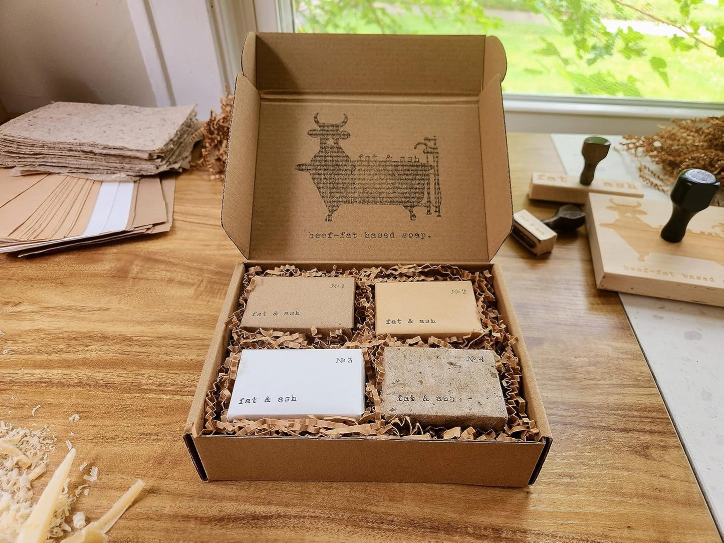 fat & ash Beef Tallow Soap Bar (4 Pack) - VERY SIMPLE INGREDIENTS - Organic and Moisturizing - Handmade in USA - Family Recipe - Long-Lasting, All-Natural, For Dry Skin