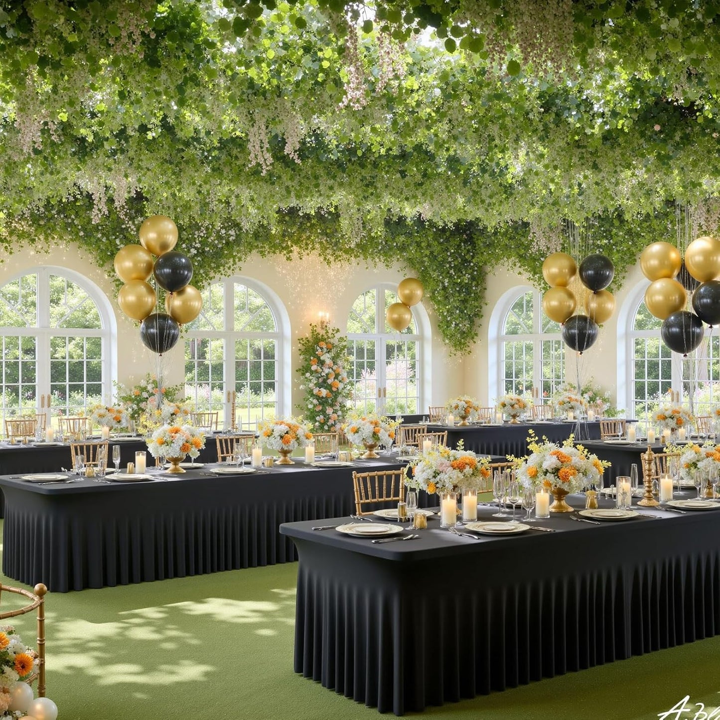 2 Pack Black Spandex Table Covers for 6 Foot Rectangle Tables, Wrinkle Free Fitted Tablecloths 6ft Stretch Table Clothes with Skirt for Parties Weddings Birthday Banquet Baby Shower