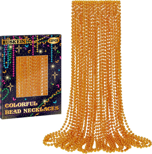 12 PCS Beaded Necklace, 33" Orange Mardi Gras Beads Necklaces Bulk, Mardi Gras Throws Accessory Set, Mardi Gras Beaded Stuff Set, Round Costume Bead Necklace for Carnival Festival Party Favors