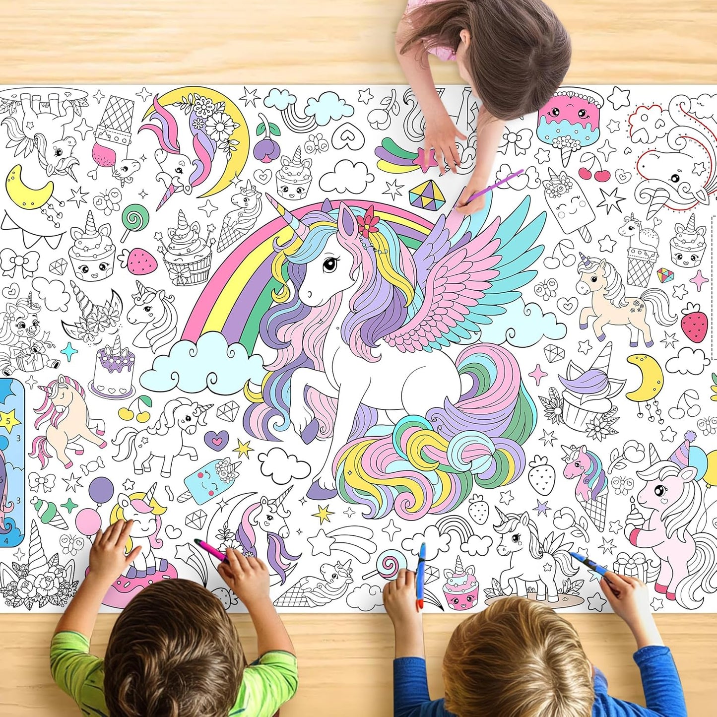 Unicorn Coloring Tablecloth for Kids, Magical 30x72 Inch Poster with Unicorns, Rainbows, Perfect for Girls Birthday Party Games, Fantasy Decorations, Classroom Activities, Event Supplies