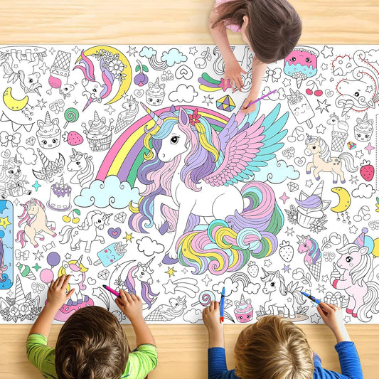 Unicorn Coloring Tablecloth for Kids, Magical 30x72 Inch Poster with Unicorns, Rainbows, Perfect for Girls Birthday Party Games, Fantasy Decorations, Classroom Activities, Event Supplies